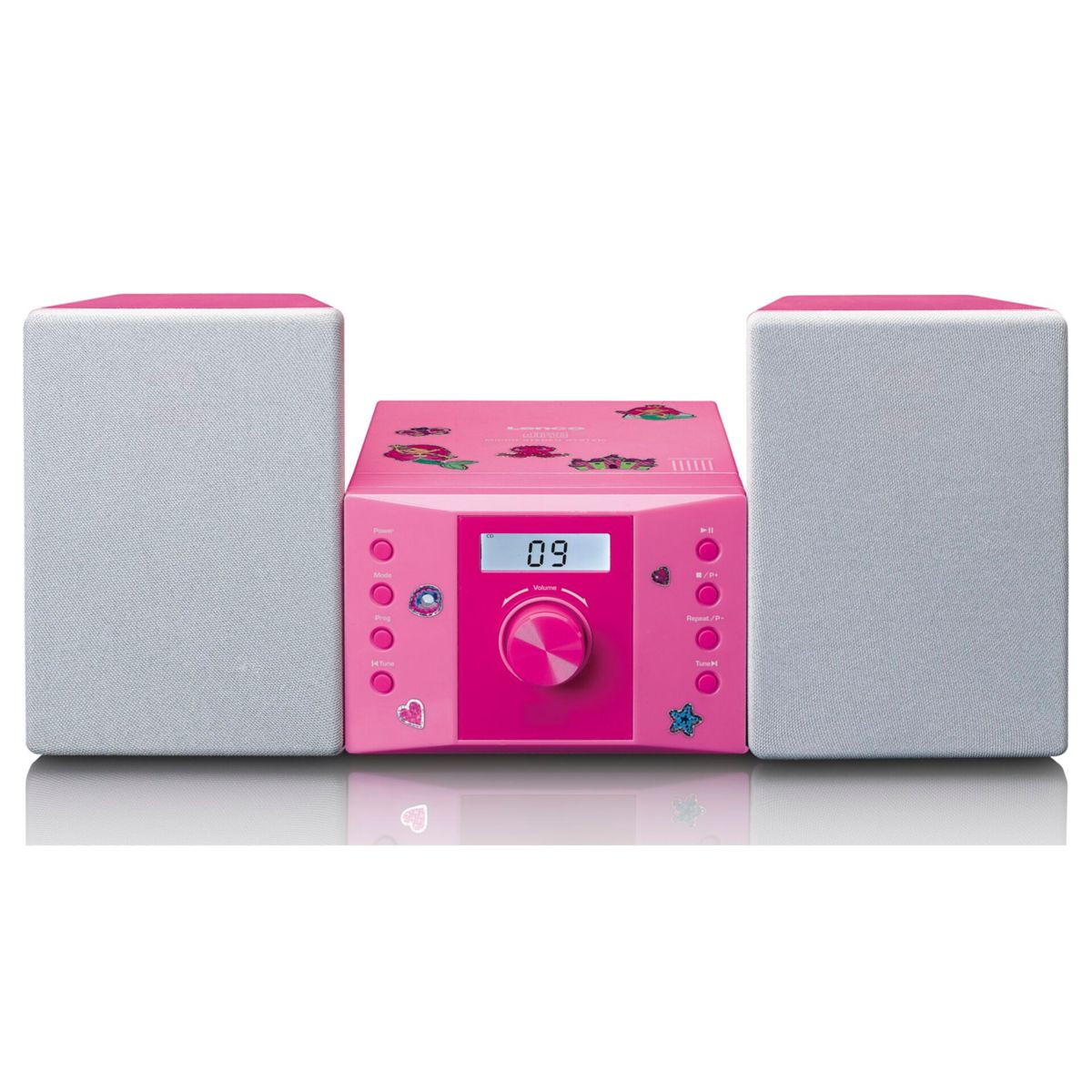 Eine rosa Kindermusikanlage mit zwei grauen Lautsprechern und Meerjungfrauen-Aufklebern vor weißem Hintergrund.