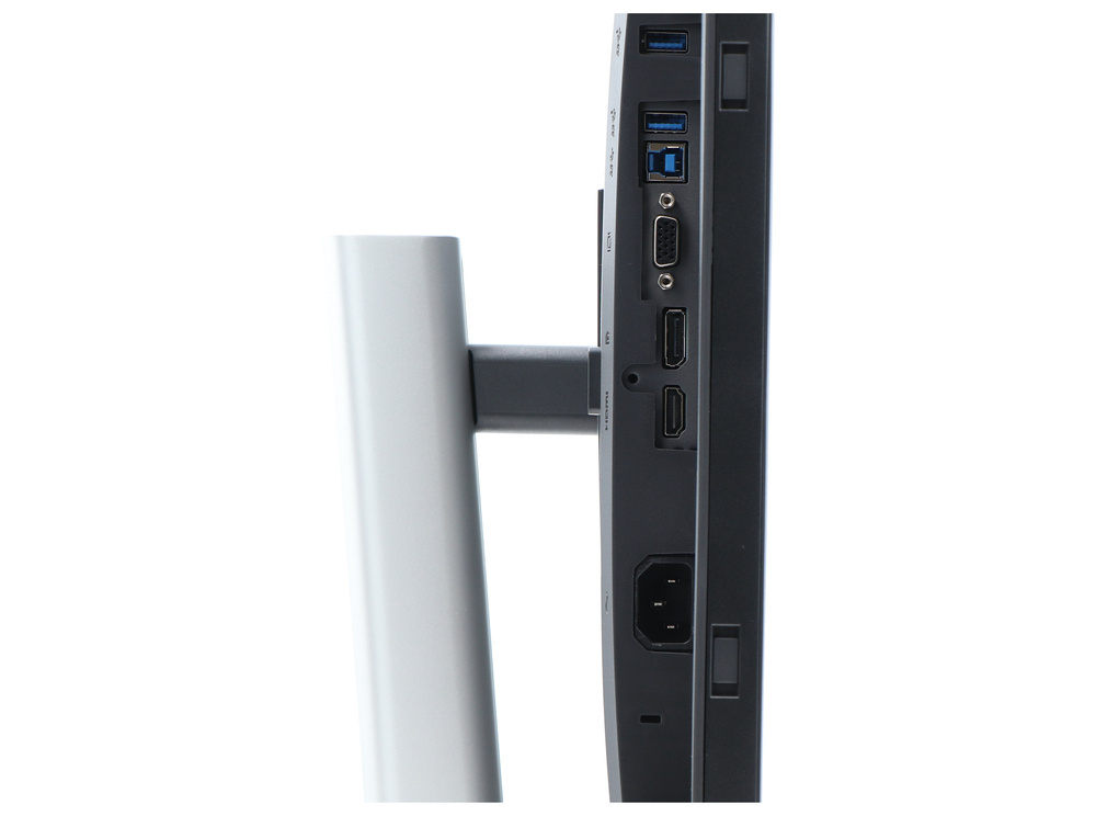 Widok z boku monitora z portami USB, VGA i HDMI oraz srebrną podstawą.