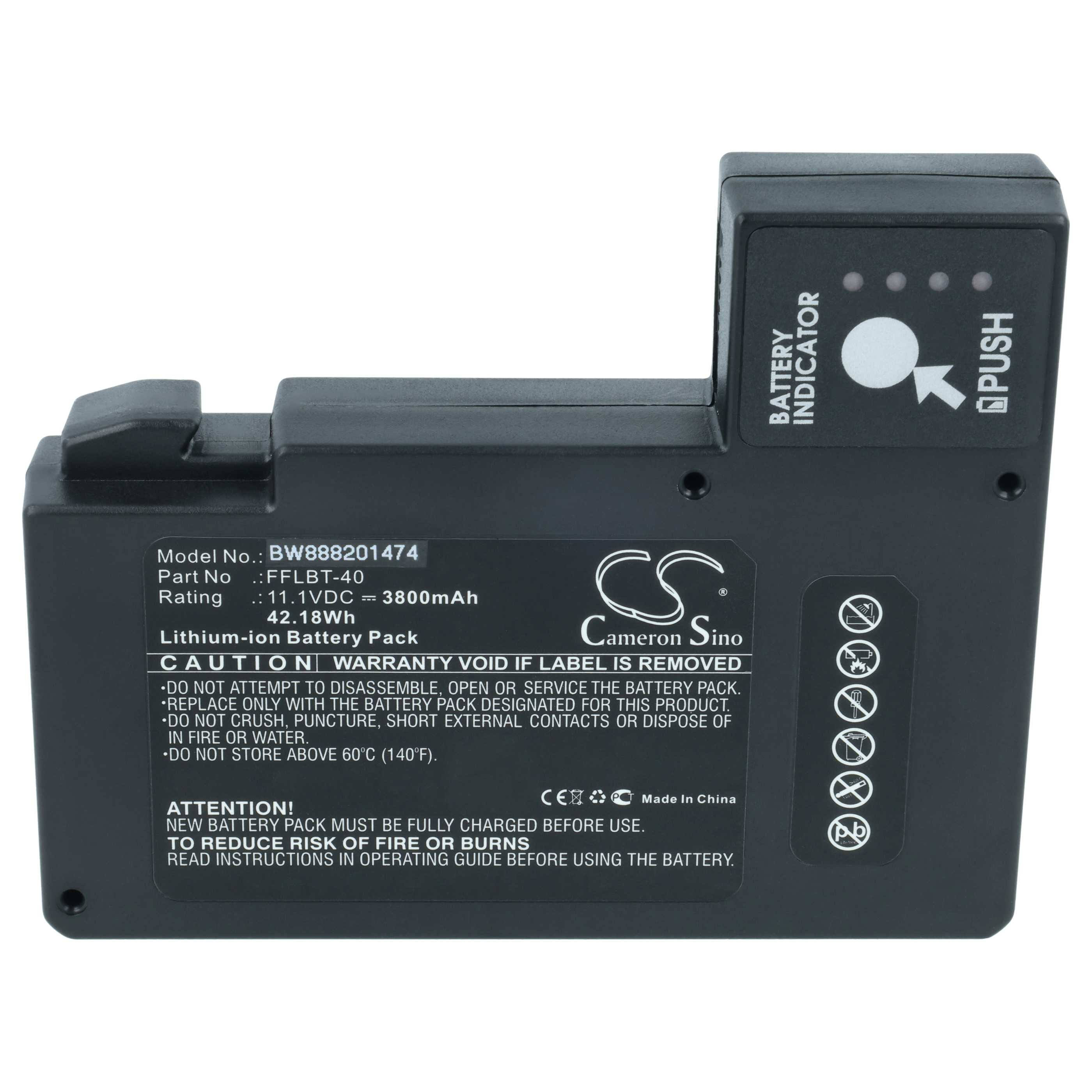 Schwarzer Lithium-Ionen-Akku von Cameron Sino mit technischen Daten und Sicherheitshinweisen auf dem Etikett.