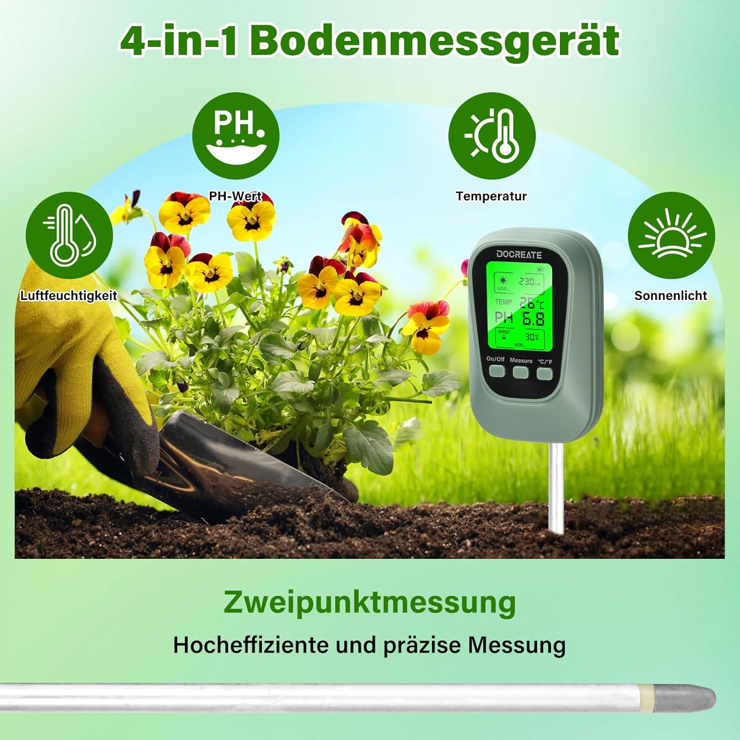 Ein grünes 4-in-1 Bodenmessgerät steht in der Erde neben gelben Blumen.