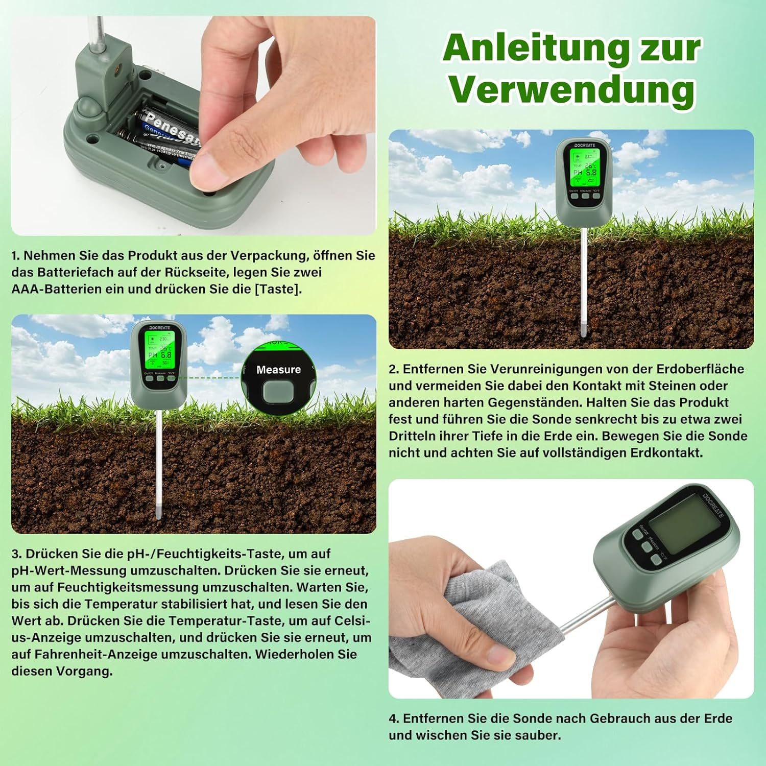 Anleitung für einen grünen Boden-pH-Tester mit vier Schritten vom Einlegen der Batterien bis zum Reinigen.