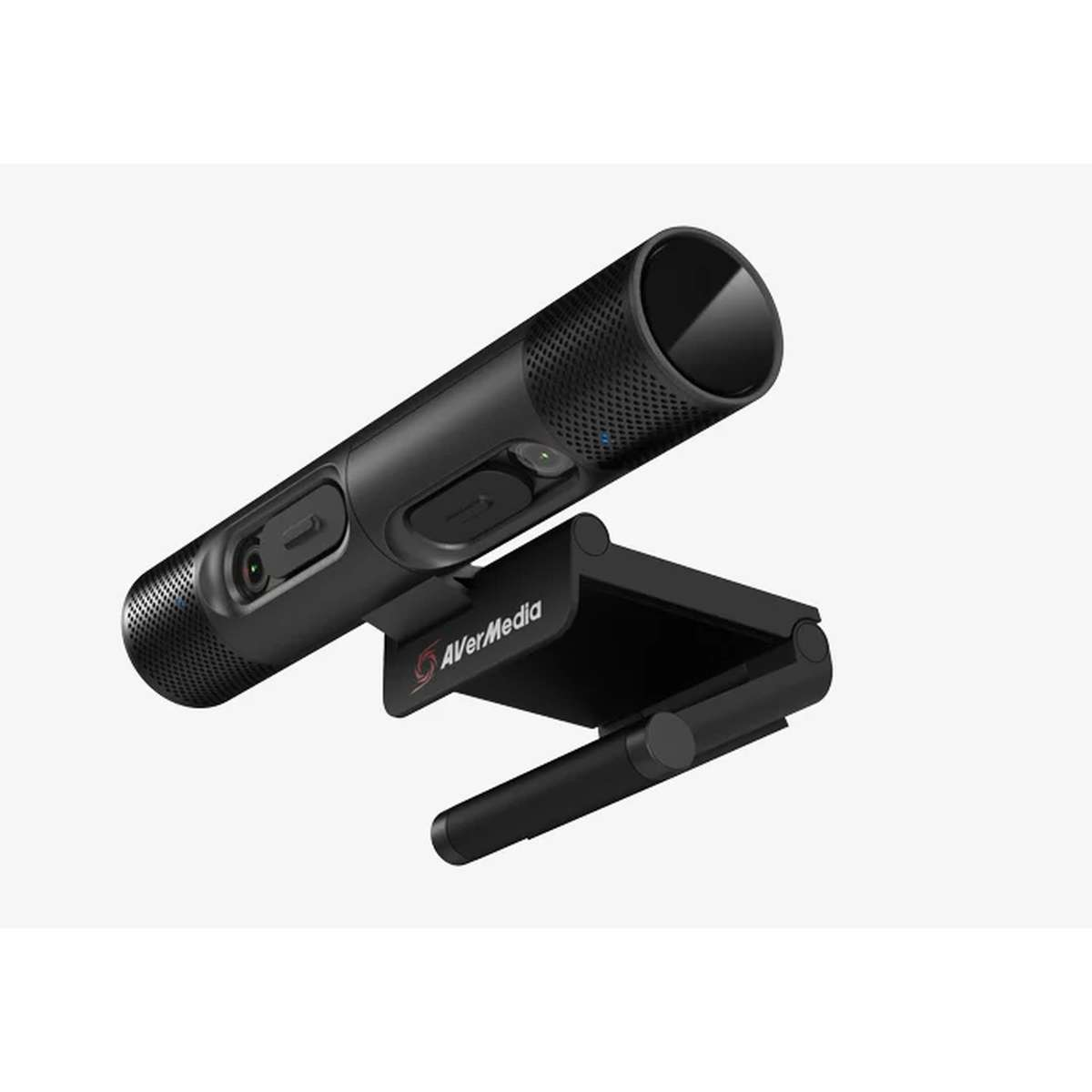 Black AVerMedia webcam with attached stand against a light background.