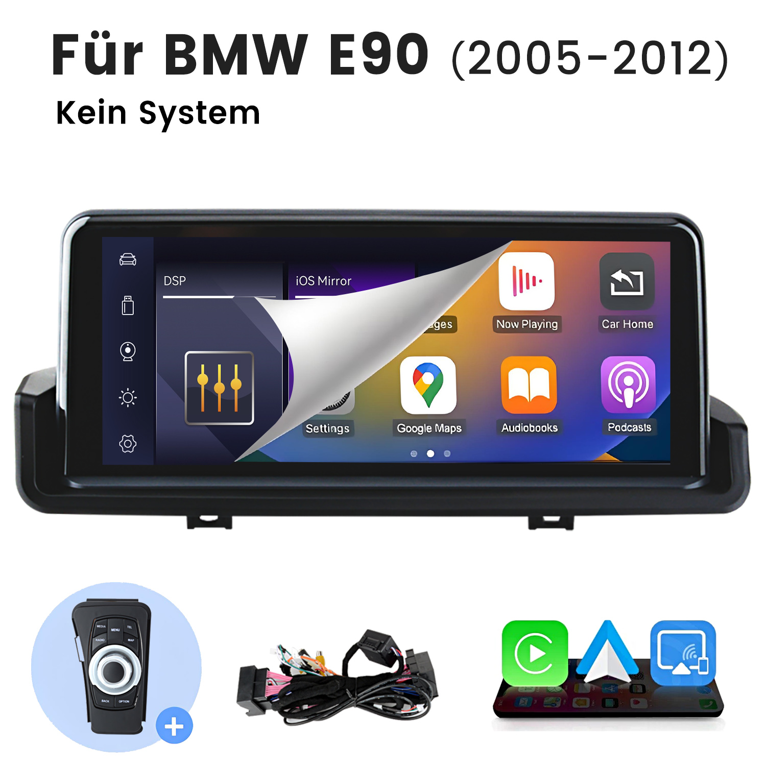 BMW E90 Auto-Multimediasystem mit Bildschirm, Kabeln und Controller auf weißem Hintergrund.