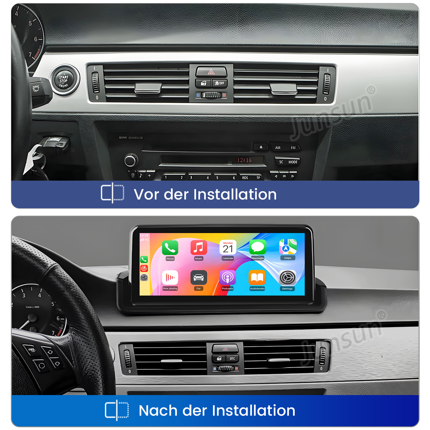 Vergleich Auto-Armaturenbrett vor und nach der Installation eines neuen Touchscreen-Displays.