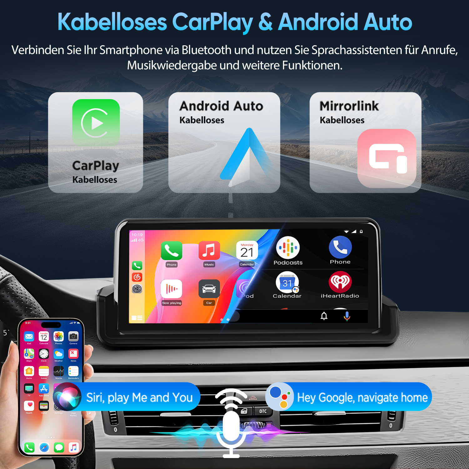 Autobarmaturenbrett mit Digitalbildschirm für CarPlay und Android Auto über einer malerischen Straße.