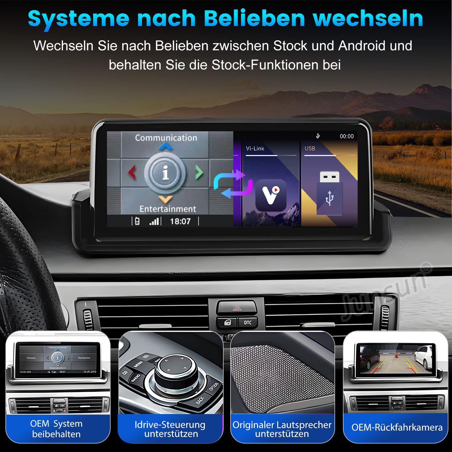 Autoinnenraum mit Car-Display, das Systemwechsel, Idrive-Steuerung und Rückfahrkamera zeigt.