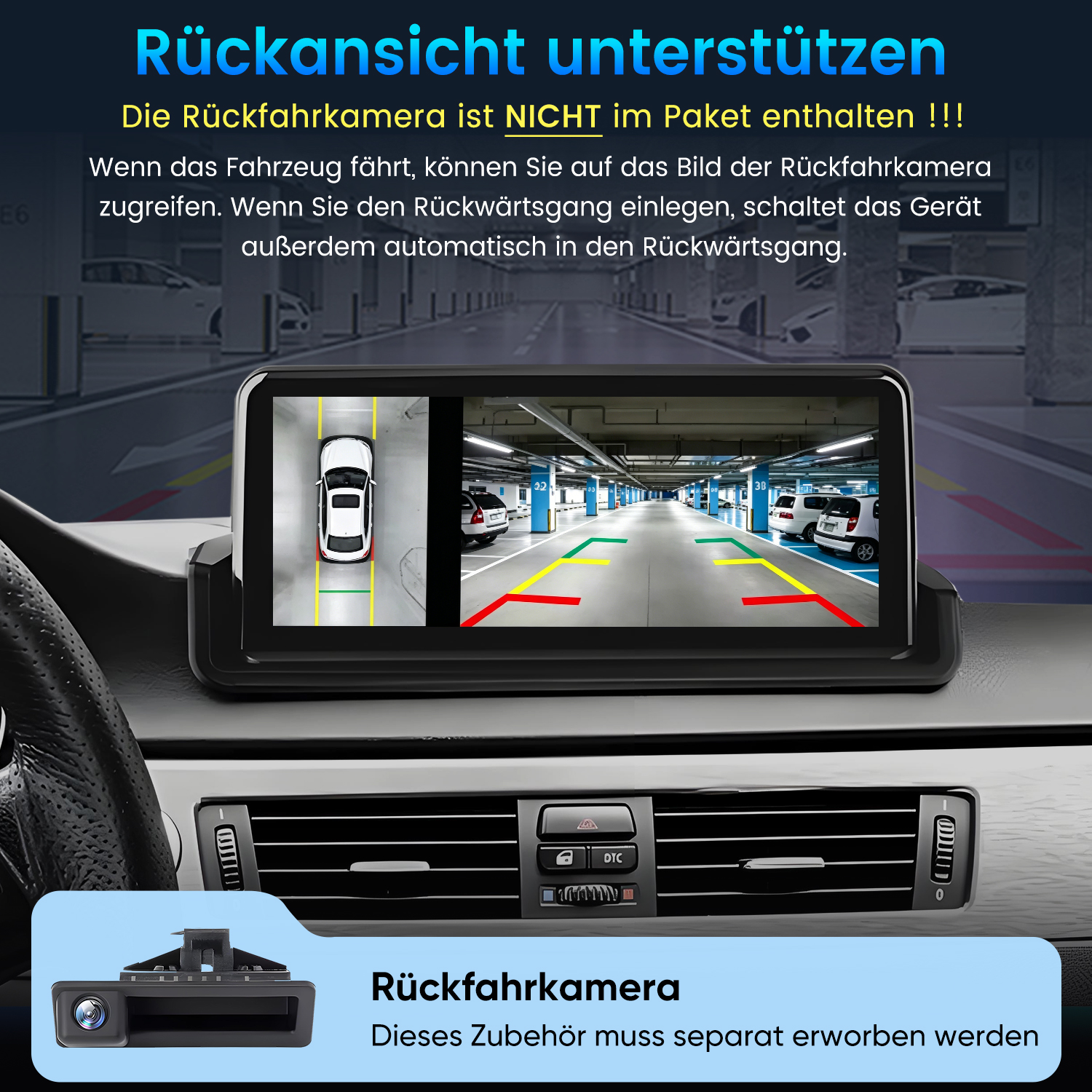 Auto-Display zeigt die Ansicht einer Rückfahrkamera in einer Tiefgarage mit Parklinien.