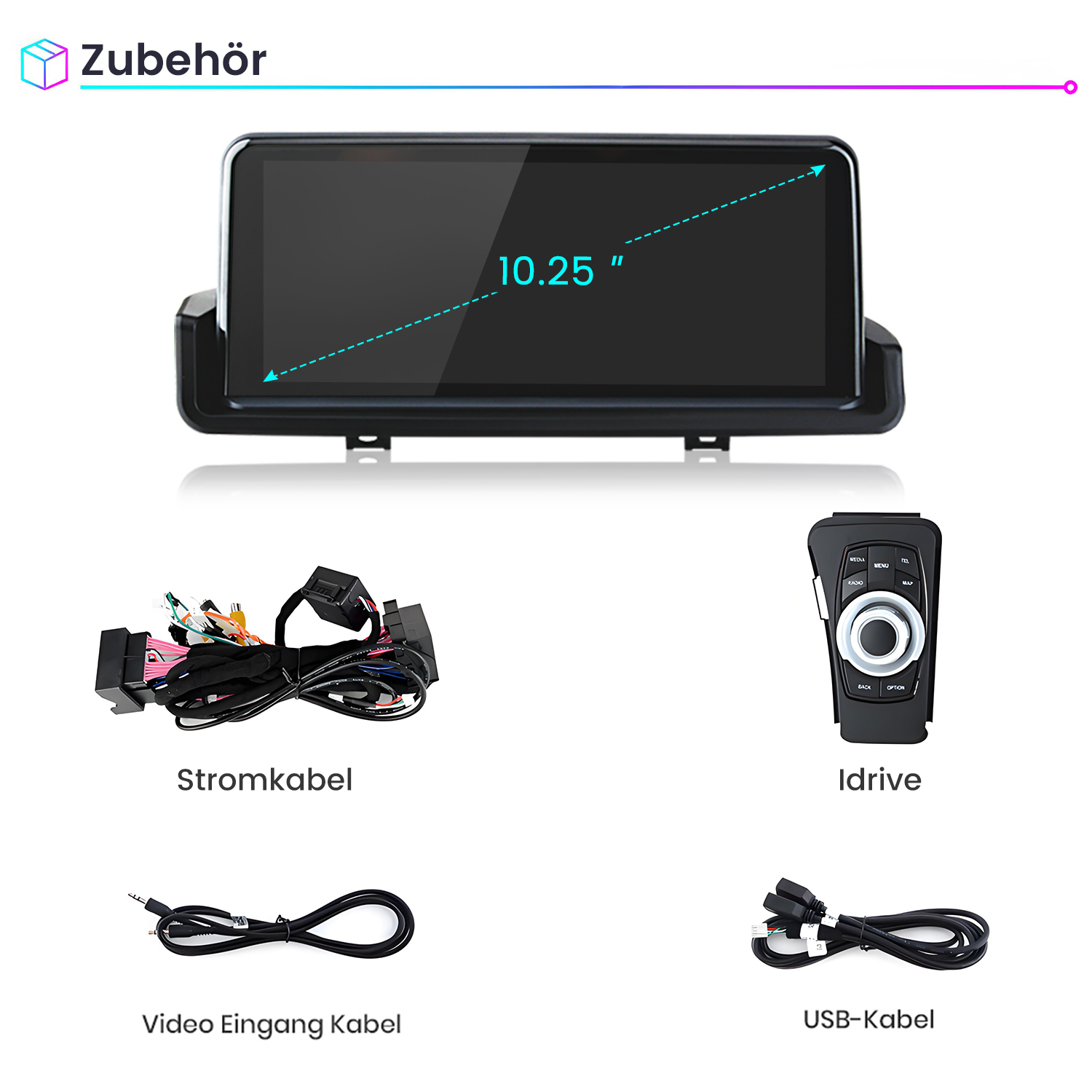10.25 Zoll Autoradio-Display mit Stromkabel, iDrive-Controller, Video-Eingangskabel und USB-Kabel.