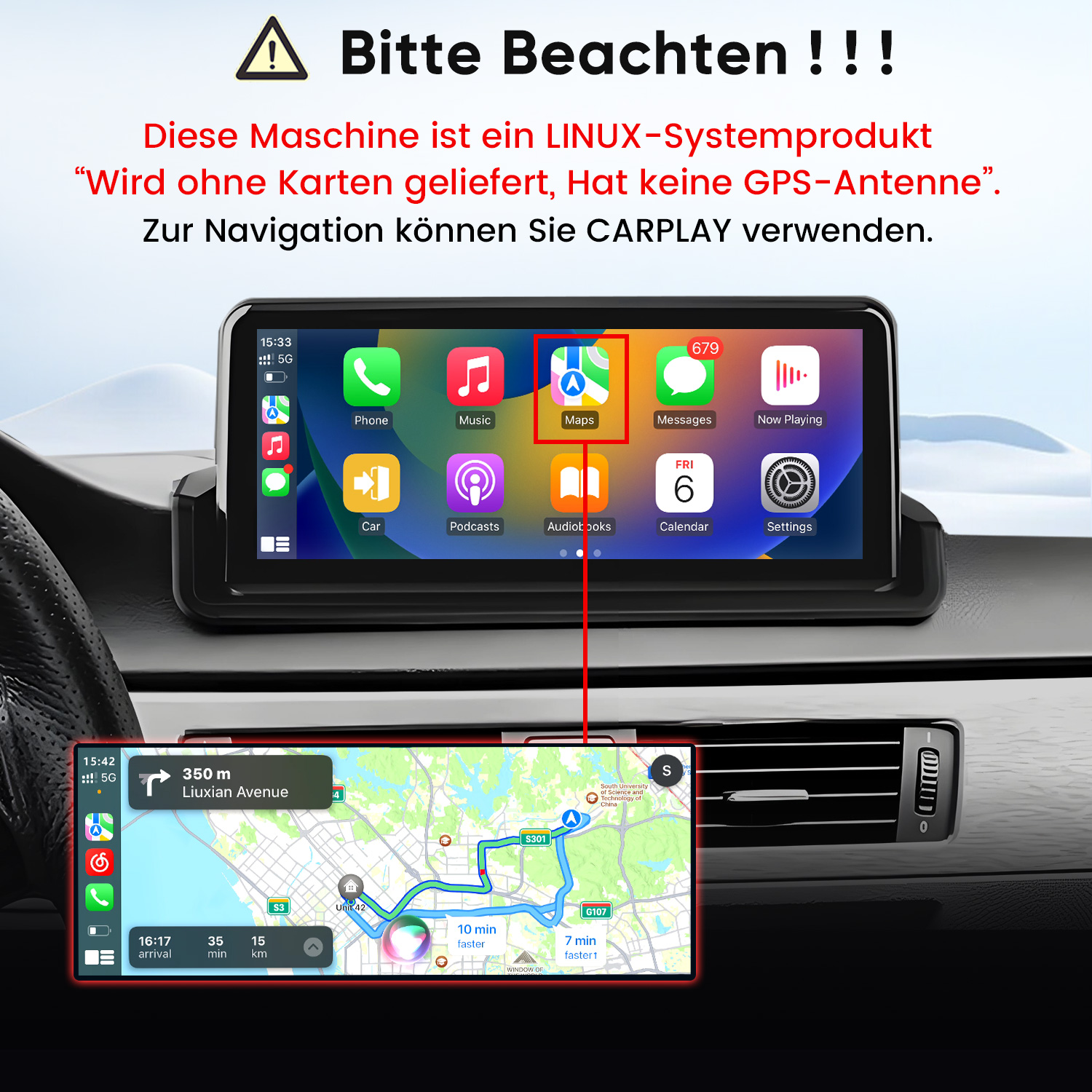 Autodisplay mit CarPlay-Menü und deutscher Warnmeldung über fehlende Karten und GPS.