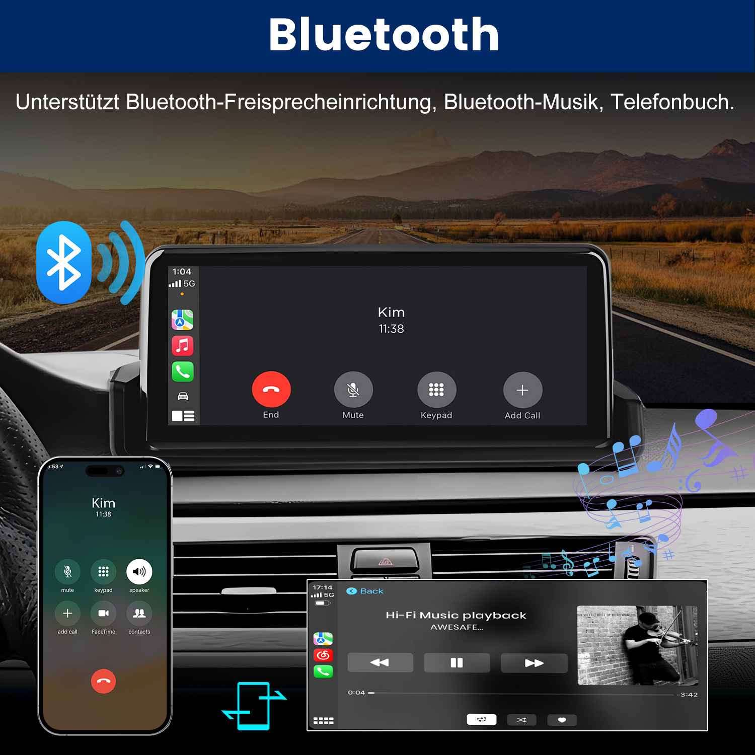Autodisplay zeigt Bluetooth-Anruf und Musikwiedergabe mit Smartphone-Verbindung.