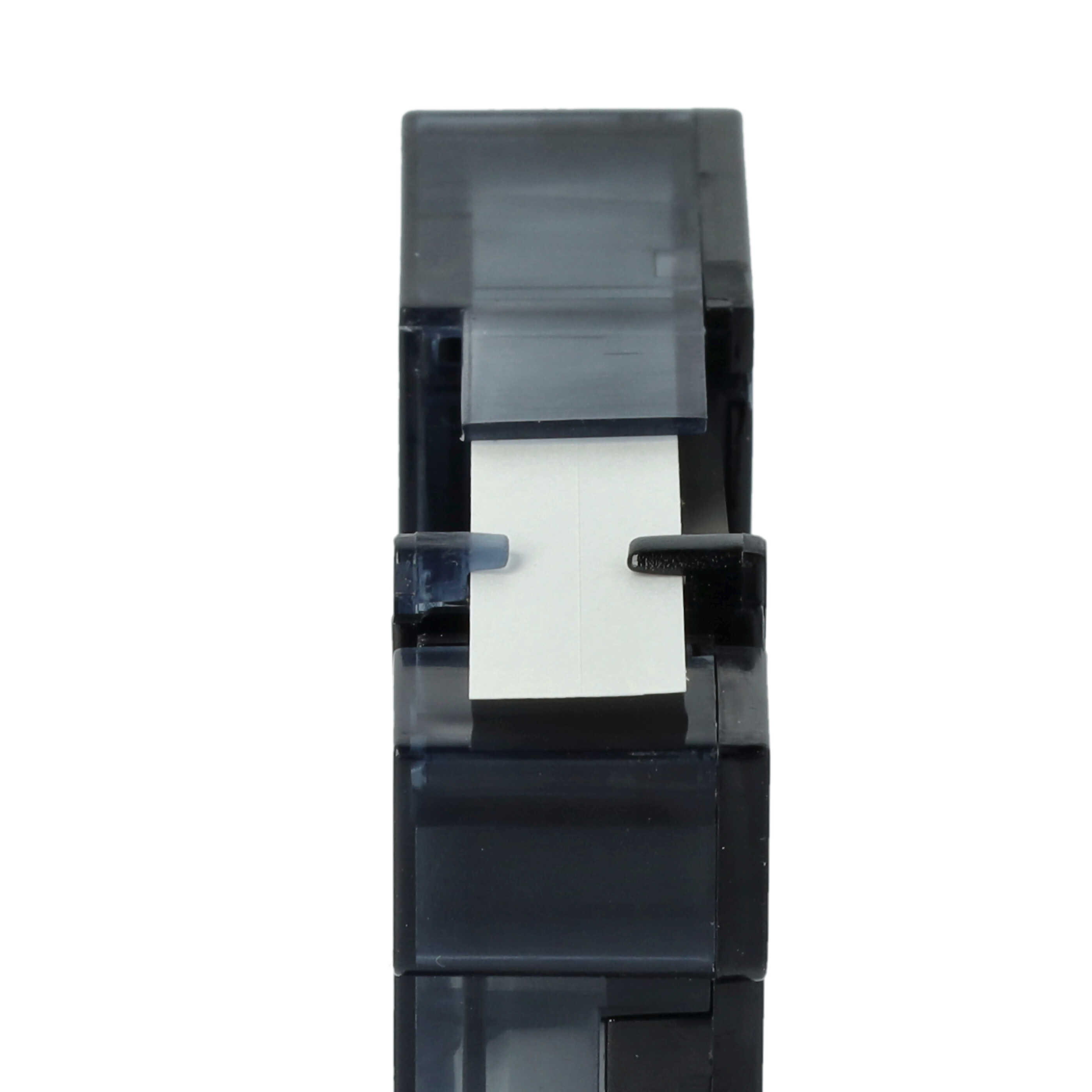 Eine schwarze Etikettendrucker-Kassette aus Kunststoff zeigt das weiße Band auf weißem Hintergrund.