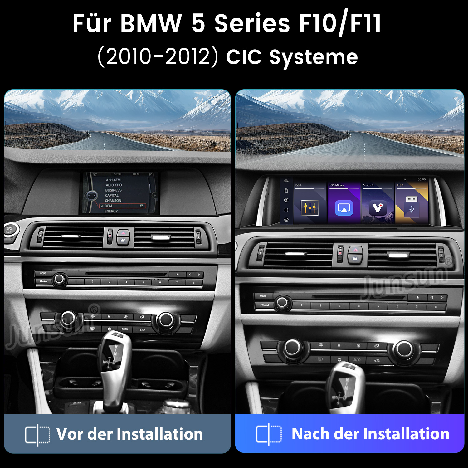 Vergleich eines BMW-Armaturenbretts vor und nach der Installation eines neuen Bildschirms.