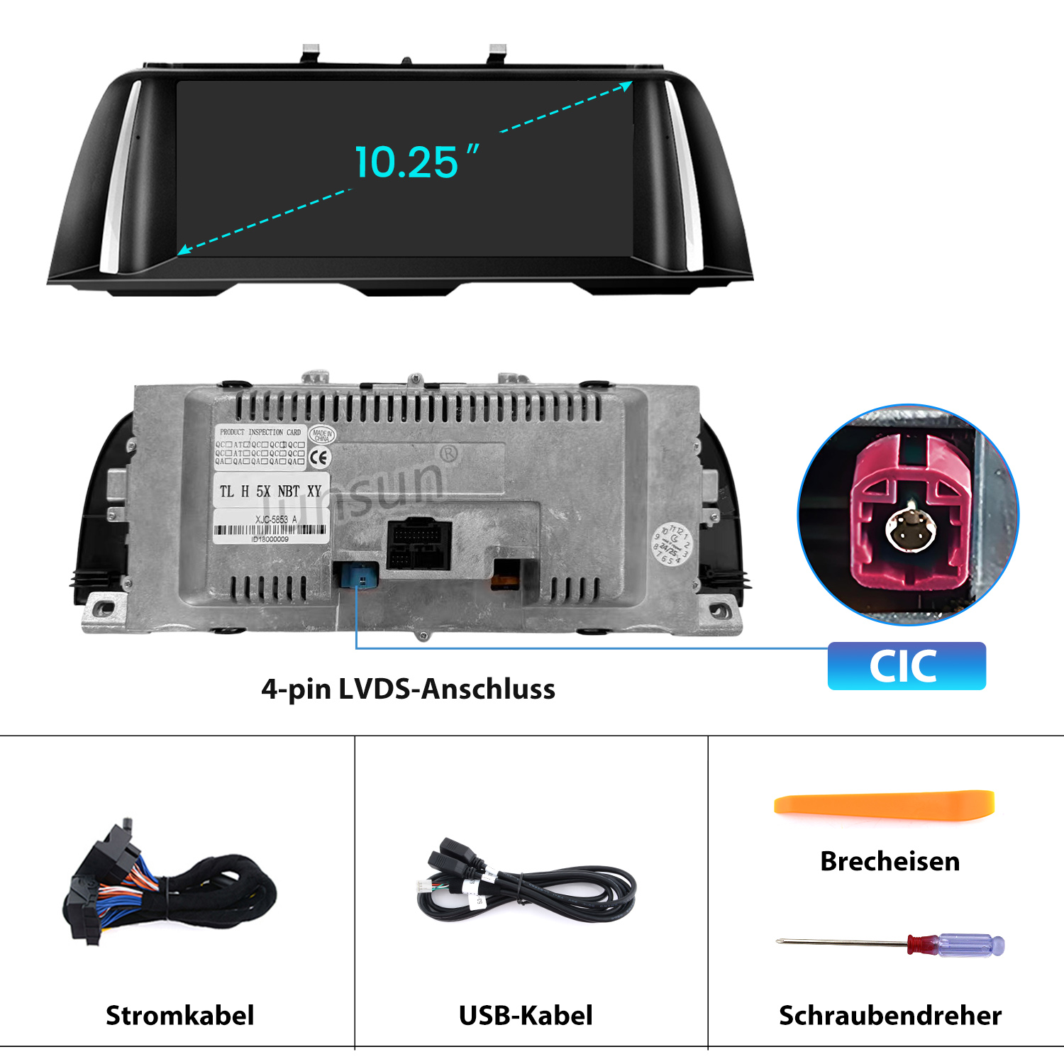 10.25 Zoll Display mit Anschlüssen, Kabeln und Werkzeug für den Einbau.