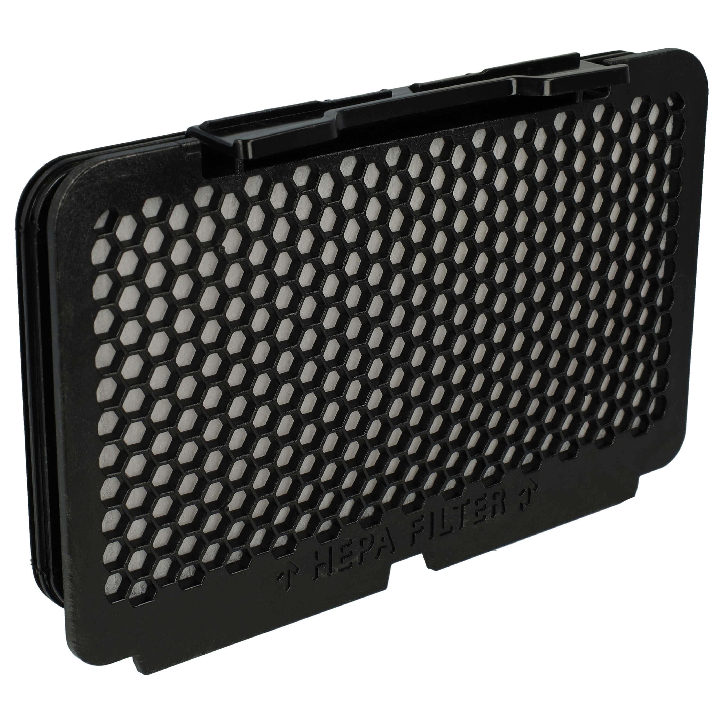 Schwarzer HEPA-Filter mit wabenförmigem Gitter auf weißem Hintergrund.