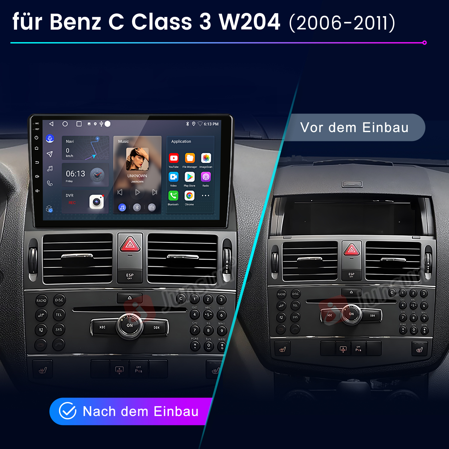 Vergleich des Mercedes C-Klasse W204 Armaturenbretts vor und nach dem Einbau eines großen Touchscreen-Media-Players.