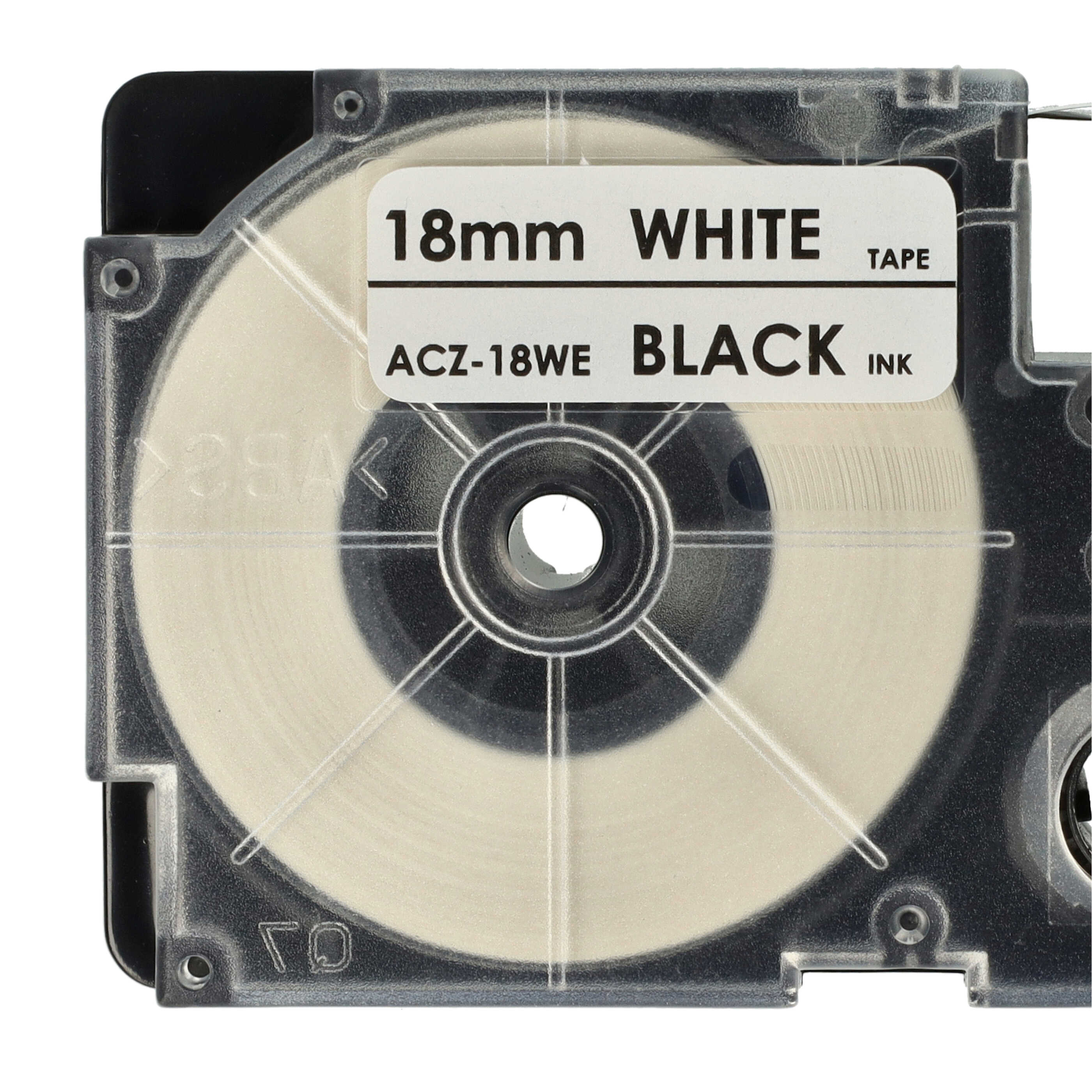 Eine schwarze und transparente Etikettenbandkassette mit weißem Band und schwarzer Tinte, Modell ACZ-18WE.