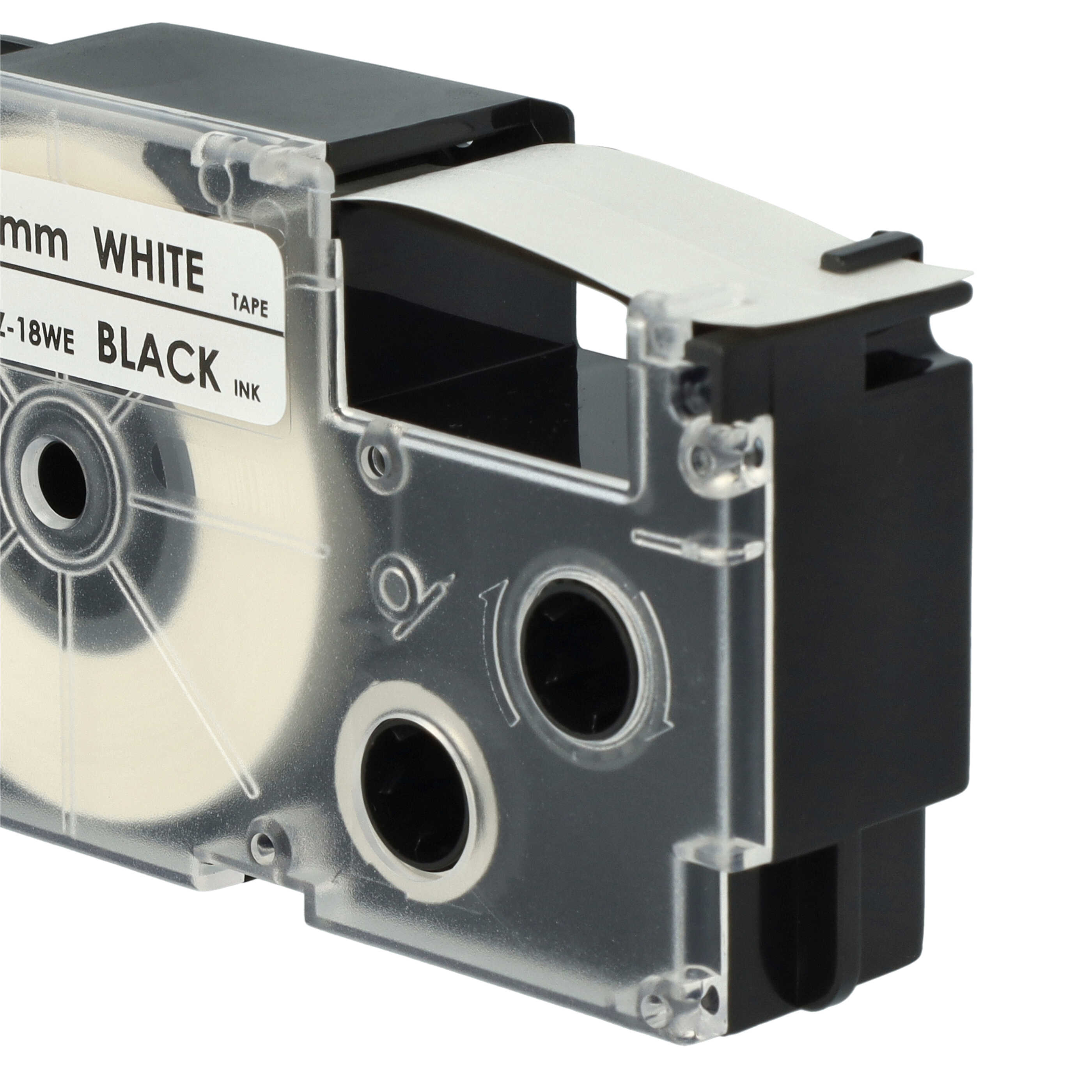 Eine schwarz-weiße Etikettendruckerkassette mit weißem Band und schwarzer Tinte.