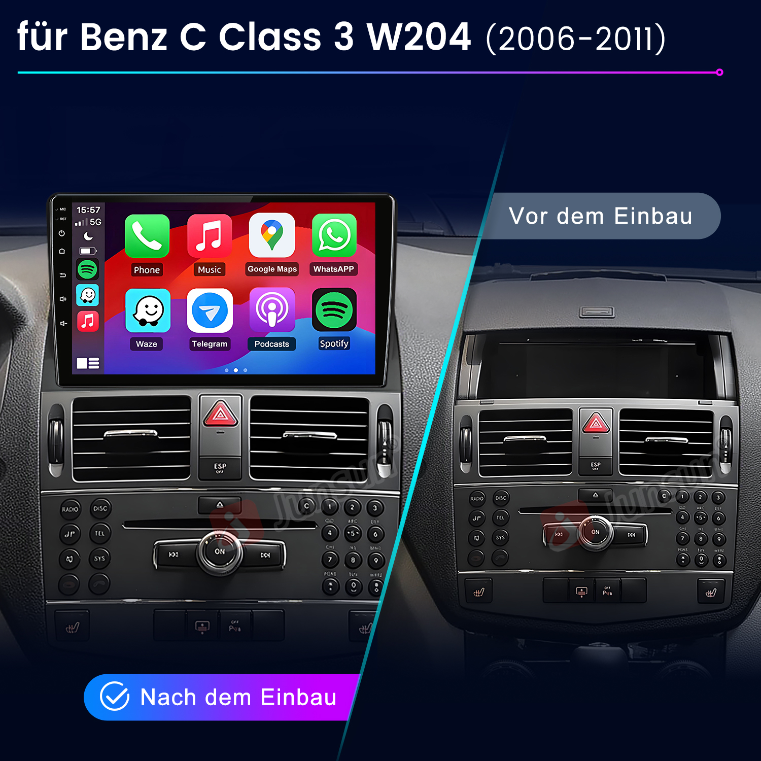 Vergleich der Auto-Mittelkonsole vor und nach dem Einbau eines neuen Touchscreen-Radios in einen Benz C-Klasse.