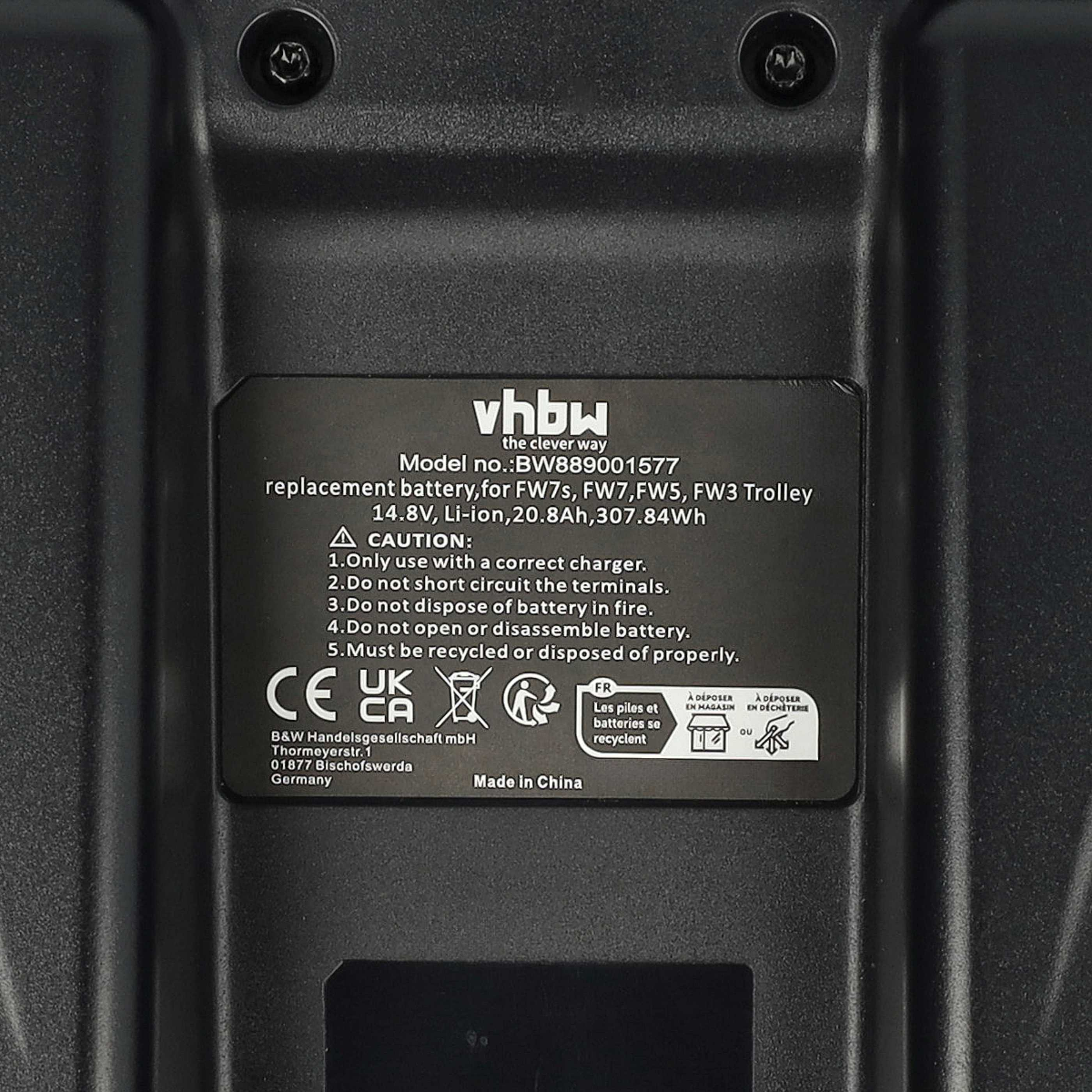 Ein schwarzes Typenschild mit weißem Text und Symbolen für ein VHBW-Ersatzteil, eingebaut in ein Gehäuse.