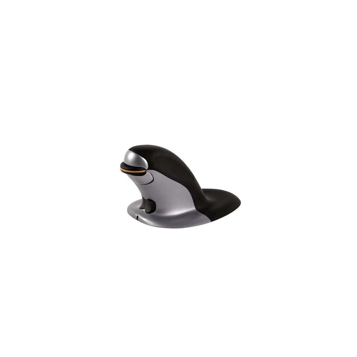 Eine schwarz-silberne ergonomische Computermaus im vertikalen Design auf weißem Hintergrund.
