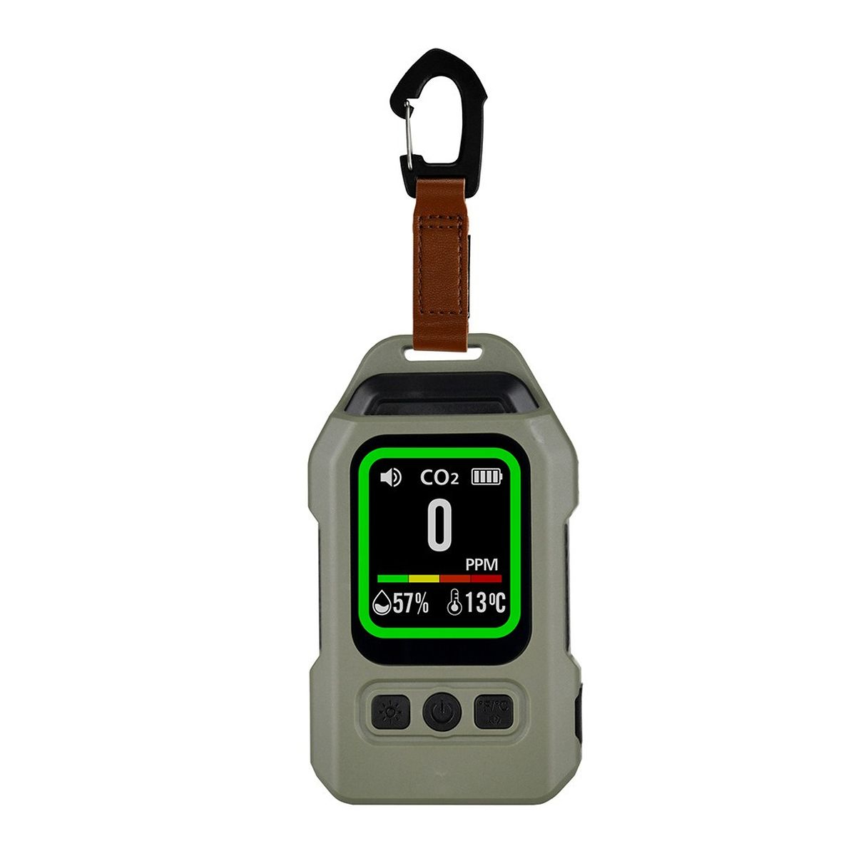 Grüner CO2-Messwertprüfer mit braunem Lederriemen und schwarzem Karabiner.