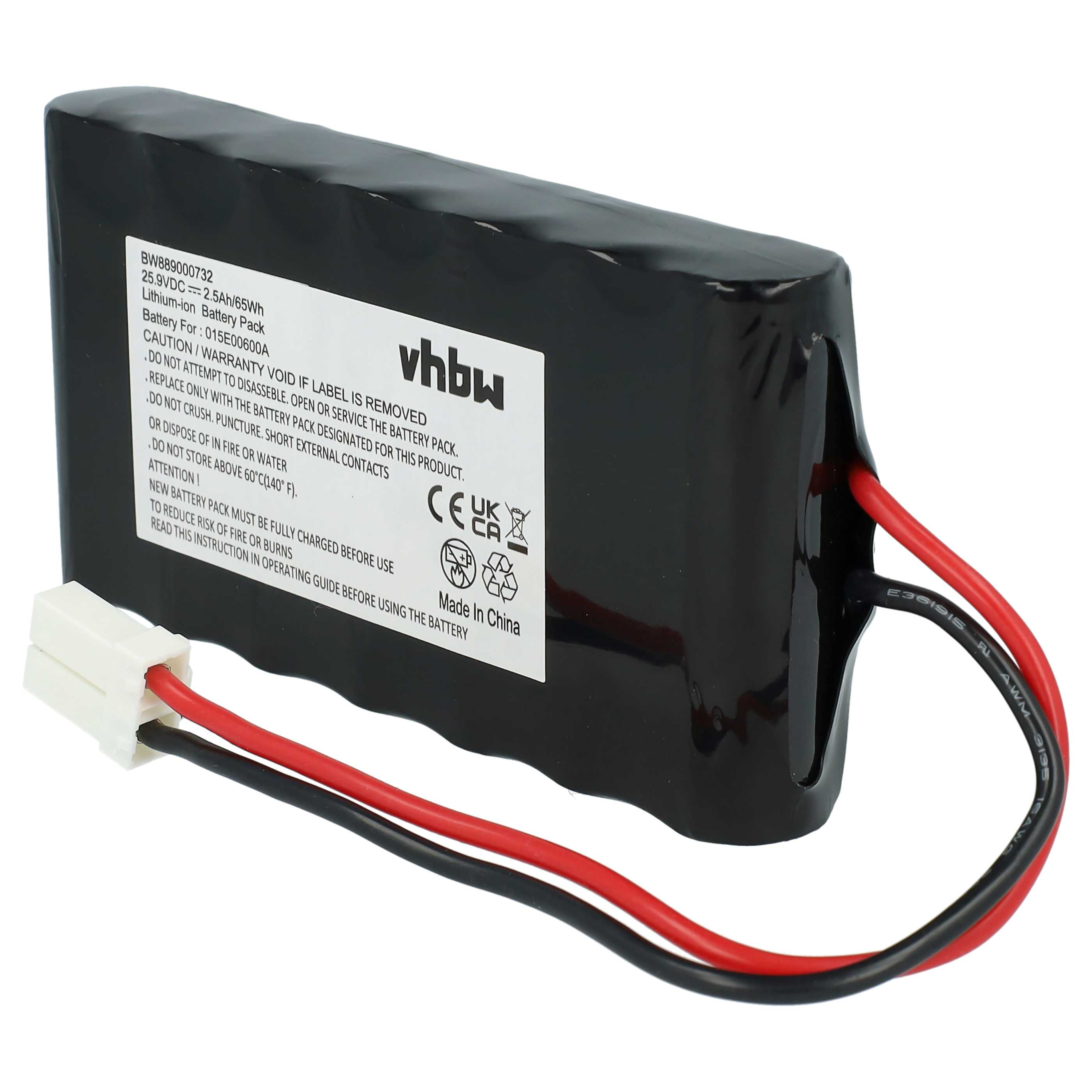Ein schwarzer Lithium-Ionen-Akku mit weißem Etikett, roten und schwarzen Kabeln und weißem Stecker auf weißem Hintergrund.