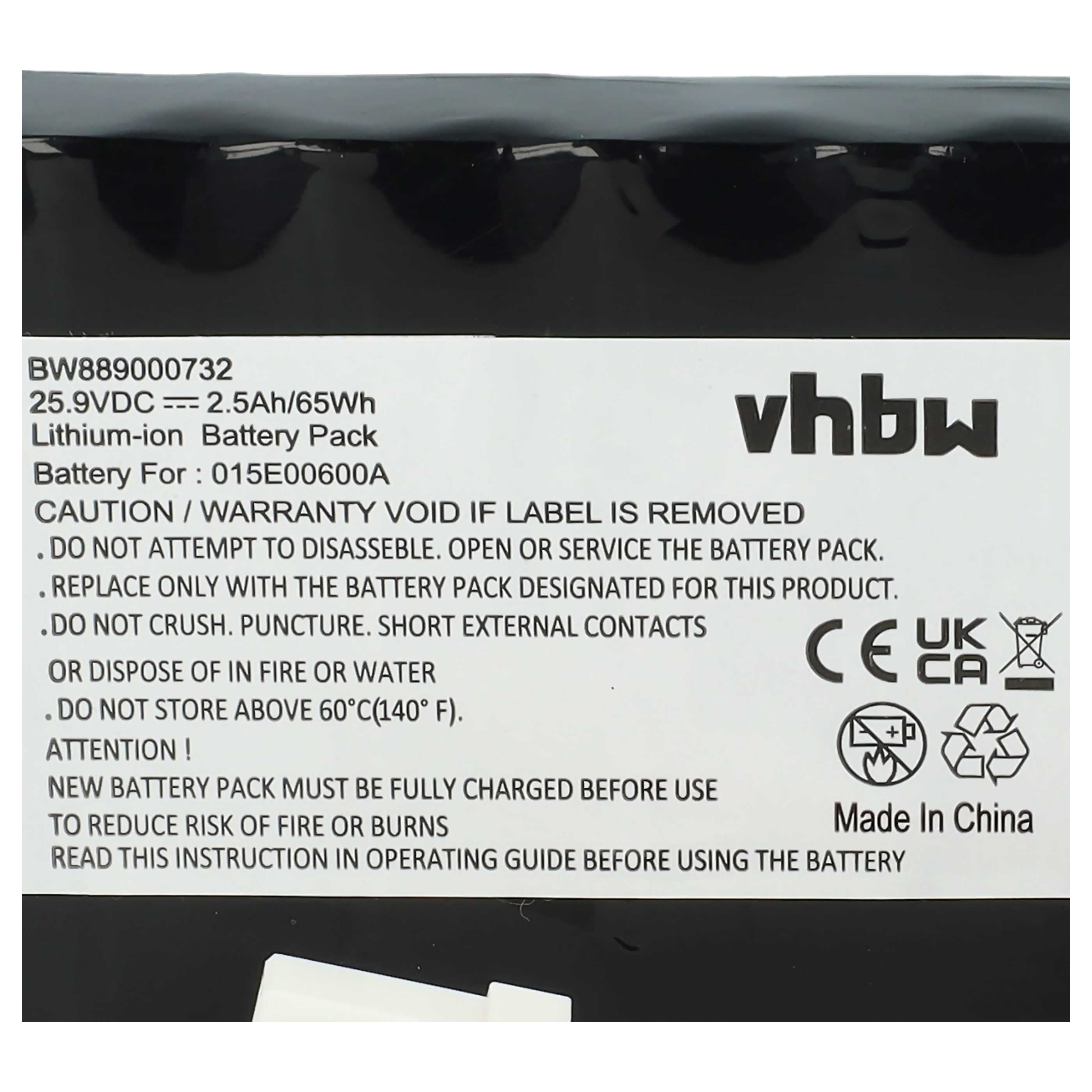 Etikett auf Lithium-Ionen-Akkupack mit technischen Daten, Warnhinweisen und VHBW-Logo.