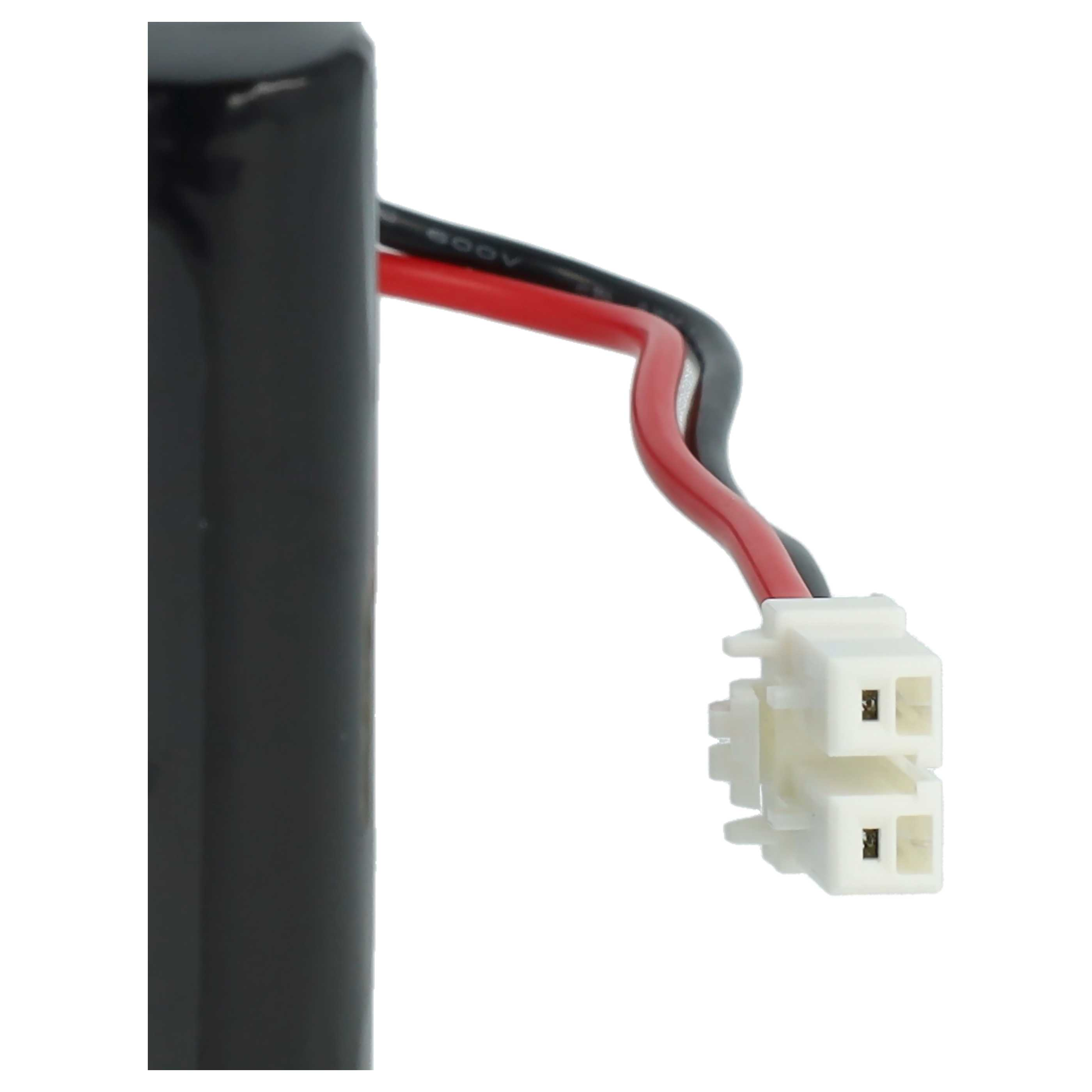 Ein schwarzer zylindrischer Gegenstand mit roten und schwarzen Kabeln, die zu einem weißen Stecker führen.