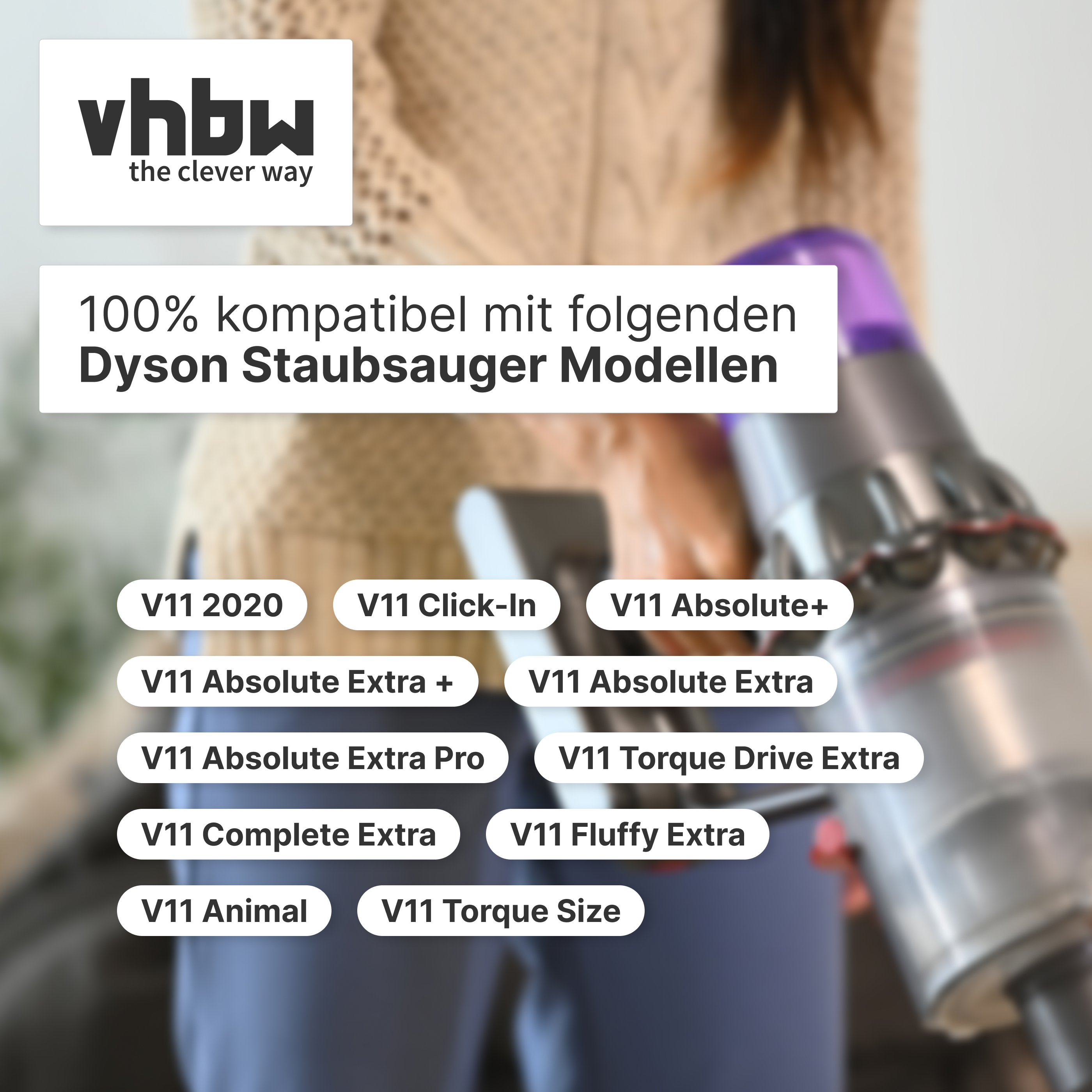 vhbw Logo und Text über kompatible Dyson V11 Staubsauger Modelle.