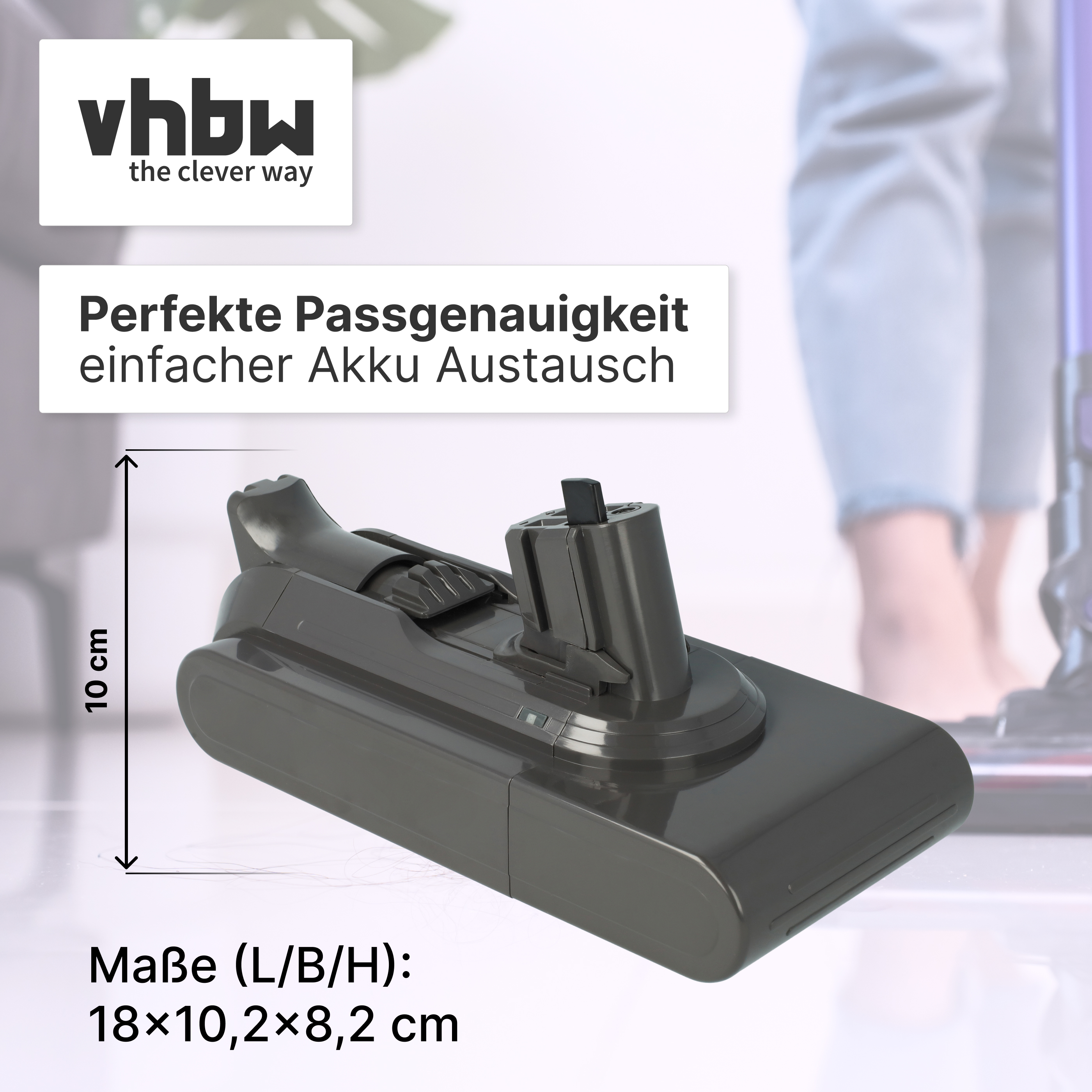 Grauer Akku mit vhbw-Logo und Maßen vor verschwommenem Hintergrund.
