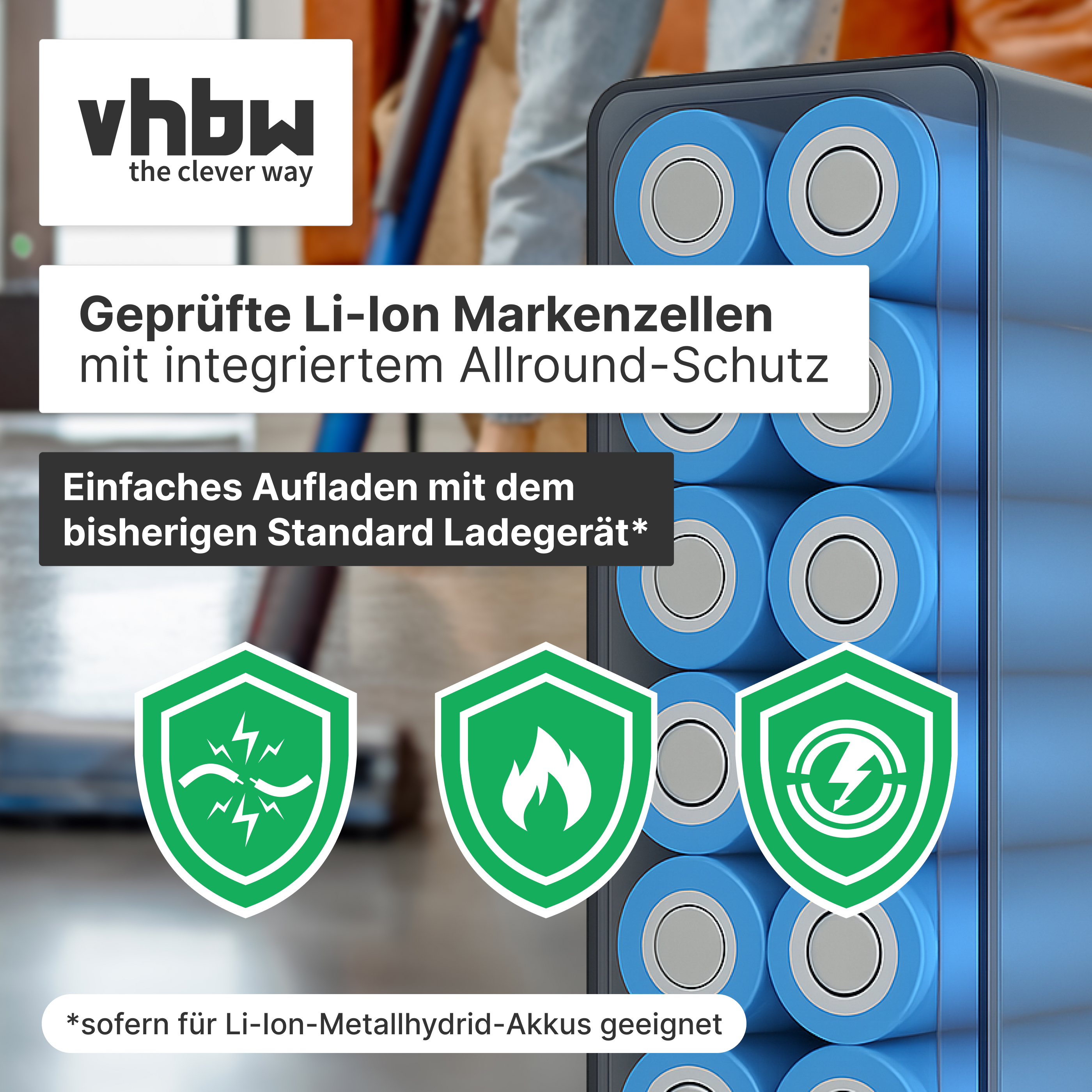 Blaue Li-Ion Batteriezellen mit drei grünen Schutzschild-Symbolen und Vhbw Logo.