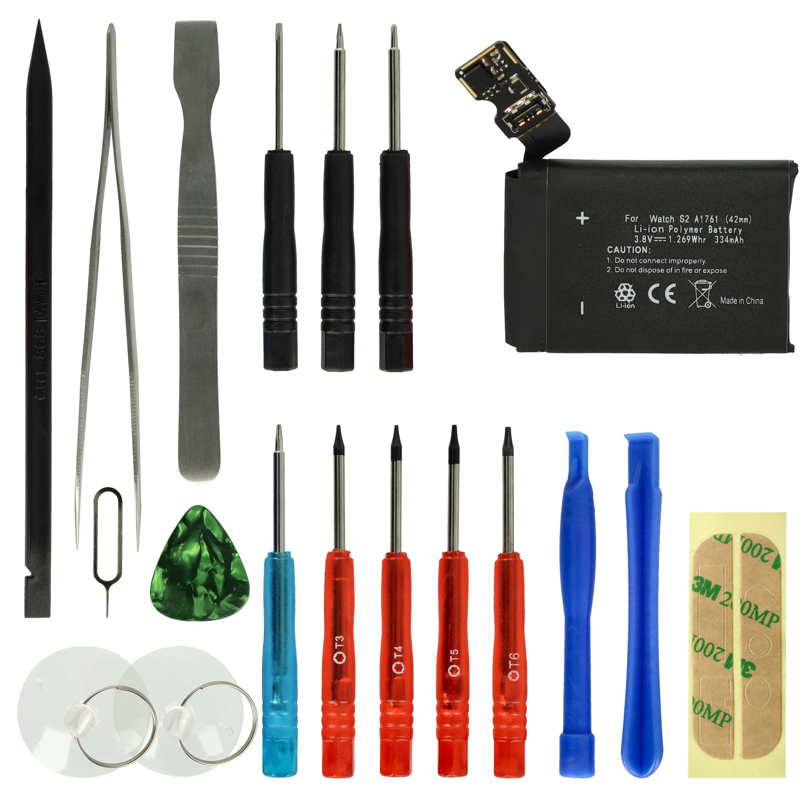 Ein Smartphone-Reparaturset mit Akku, Schraubenziehern, Pinzette, Plektrum und Werkzeugen.