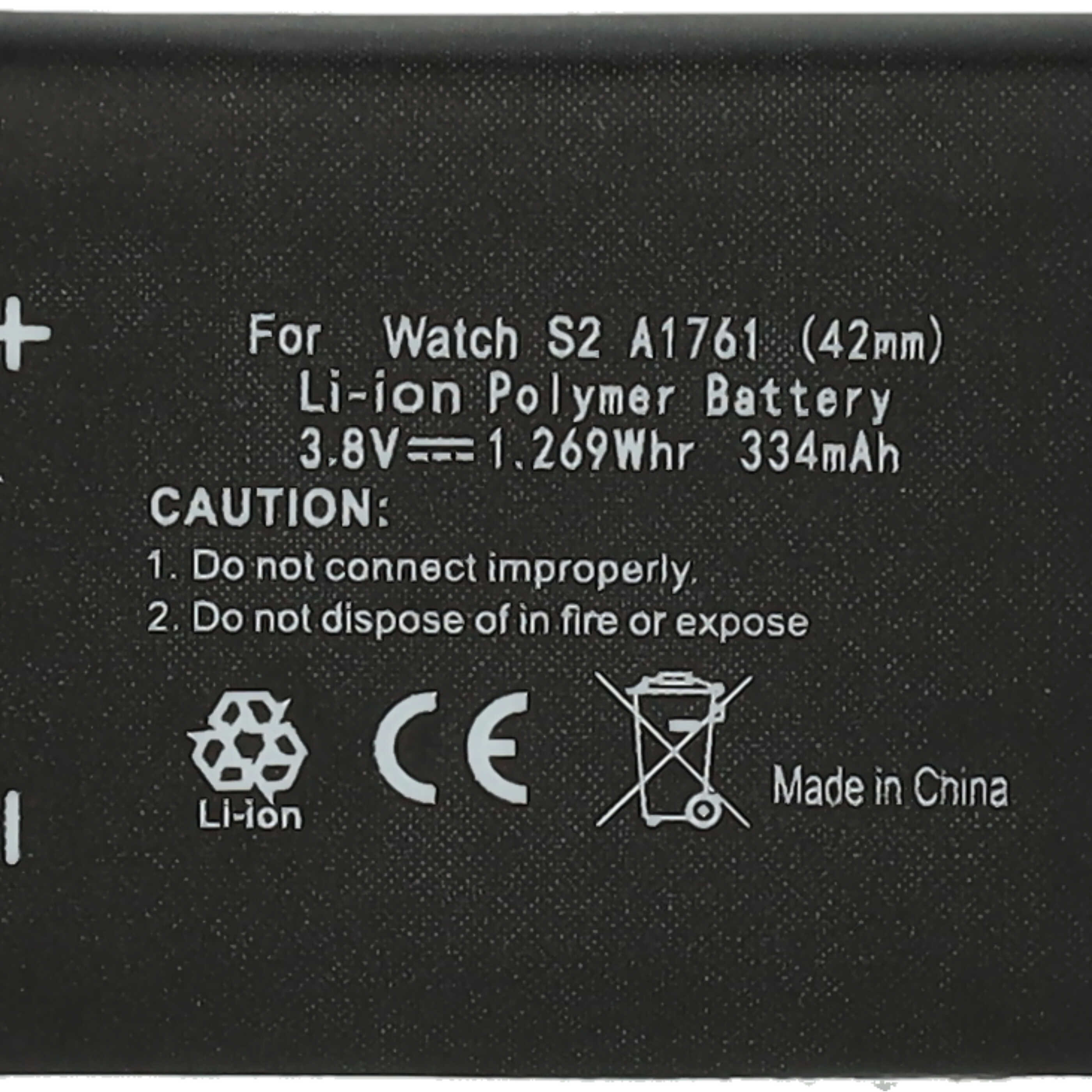 Nahaufnahme einer schwarzen Smartwatch-Batterie mit weißem Text und Sicherheitssymbolen.