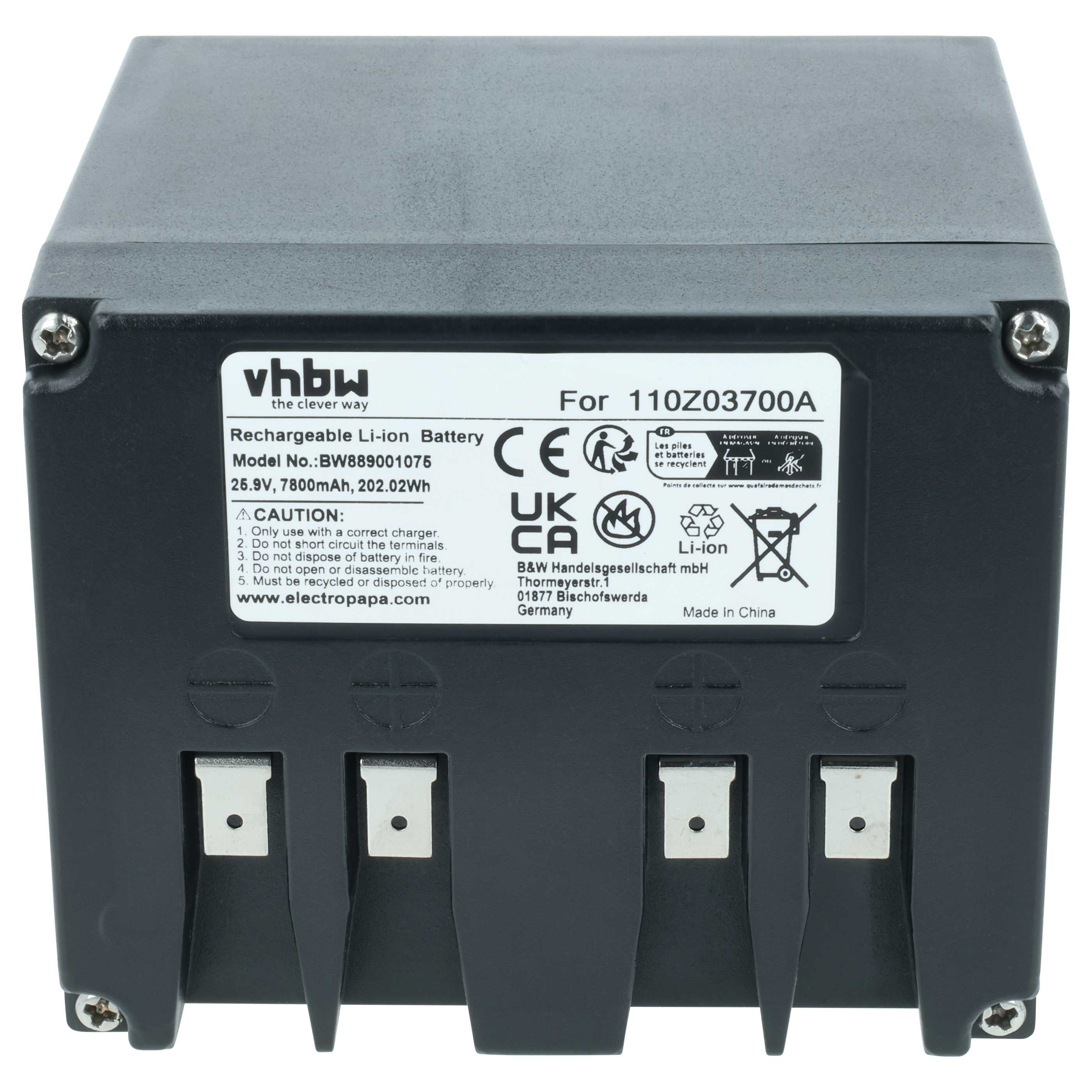 Schwarze vhbw Li-Ion Batterie mit weißem Aufkleber, technischen Daten und vier Metallanschlüssen unten.