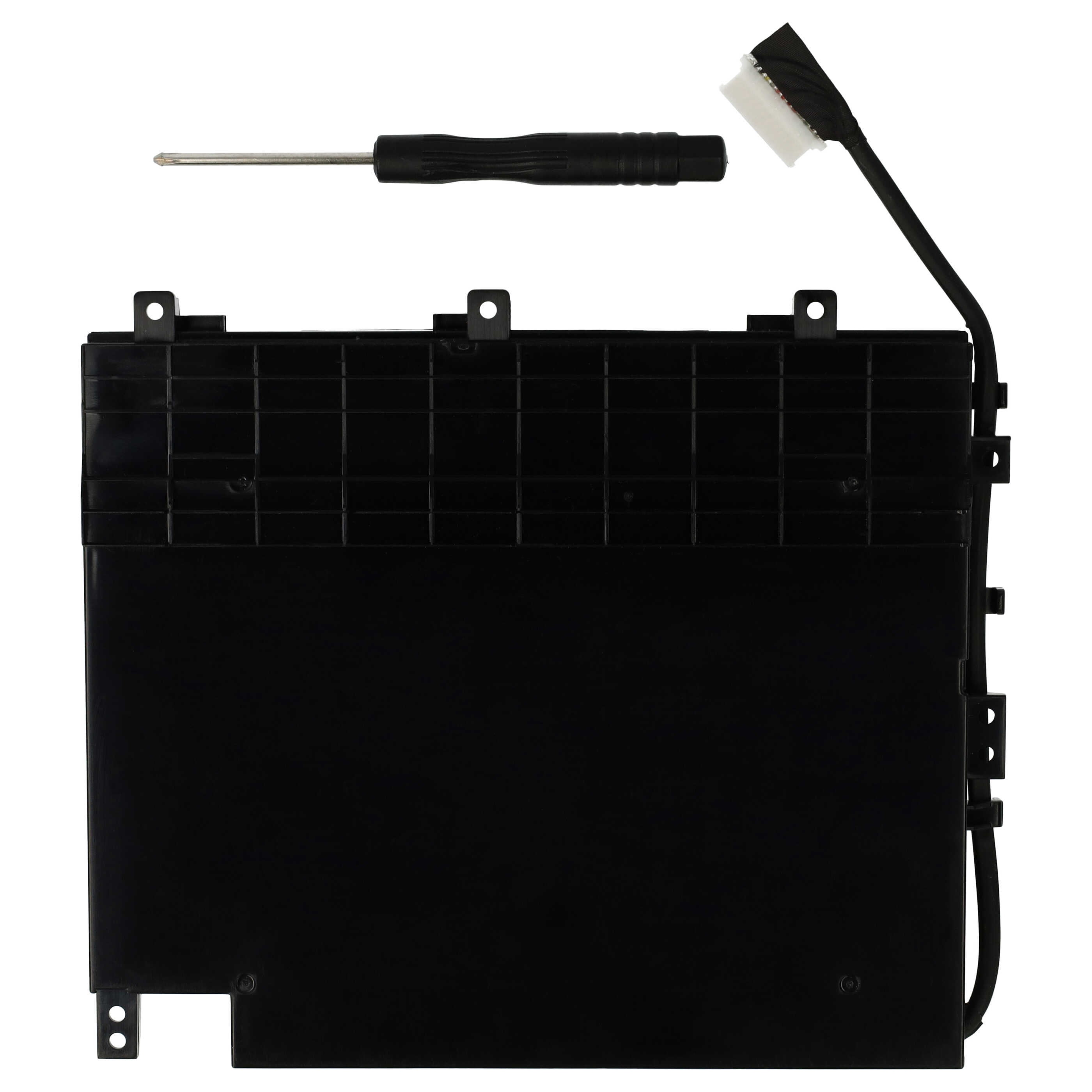 Ein schwarzer Laptop-Akku mit Kabel und einem kleinen Schraubendreher auf weißem Grund.