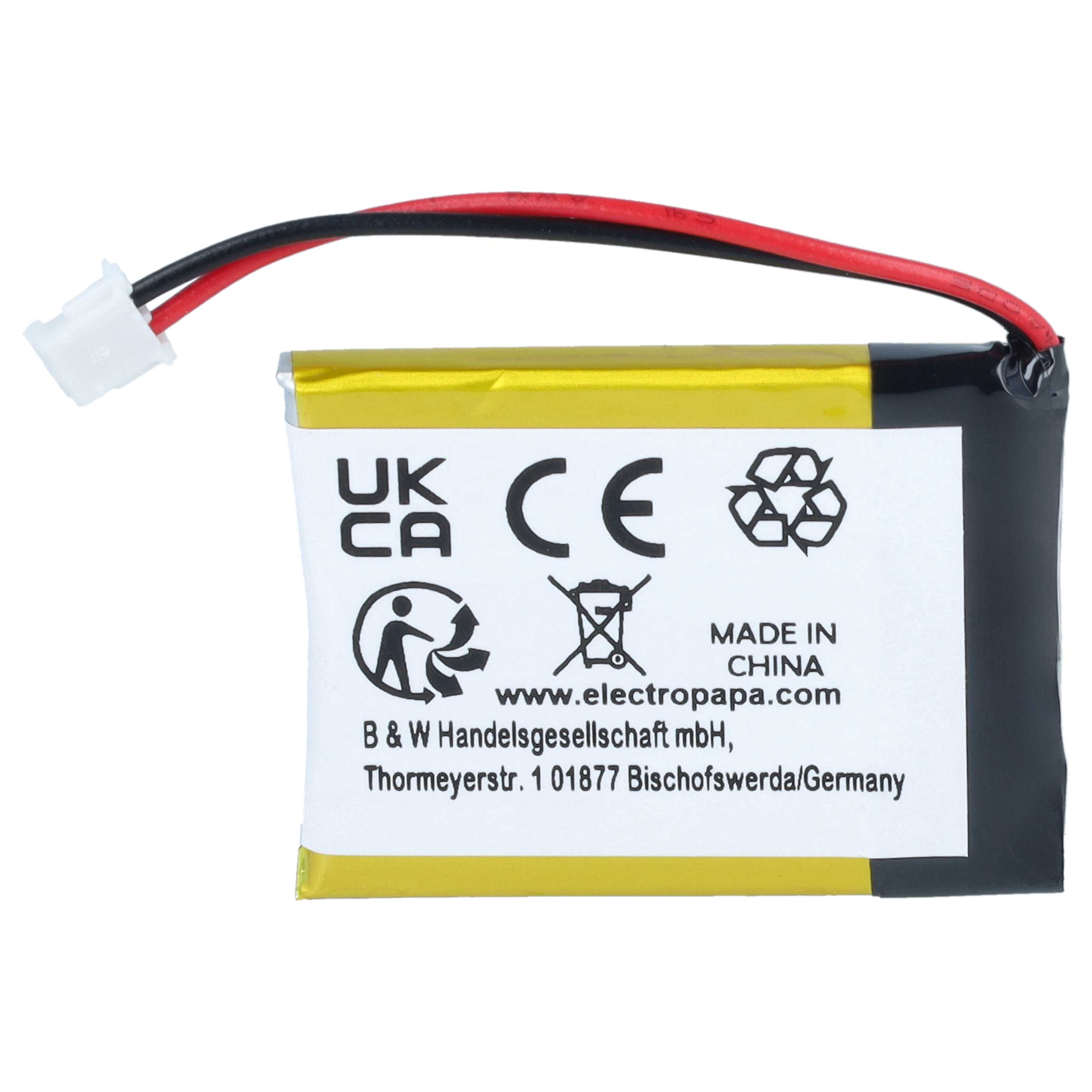 Gelber Lithium-Akku mit weißem Etikett, roten und schwarzen Kabeln sowie einem weißen Stecker.