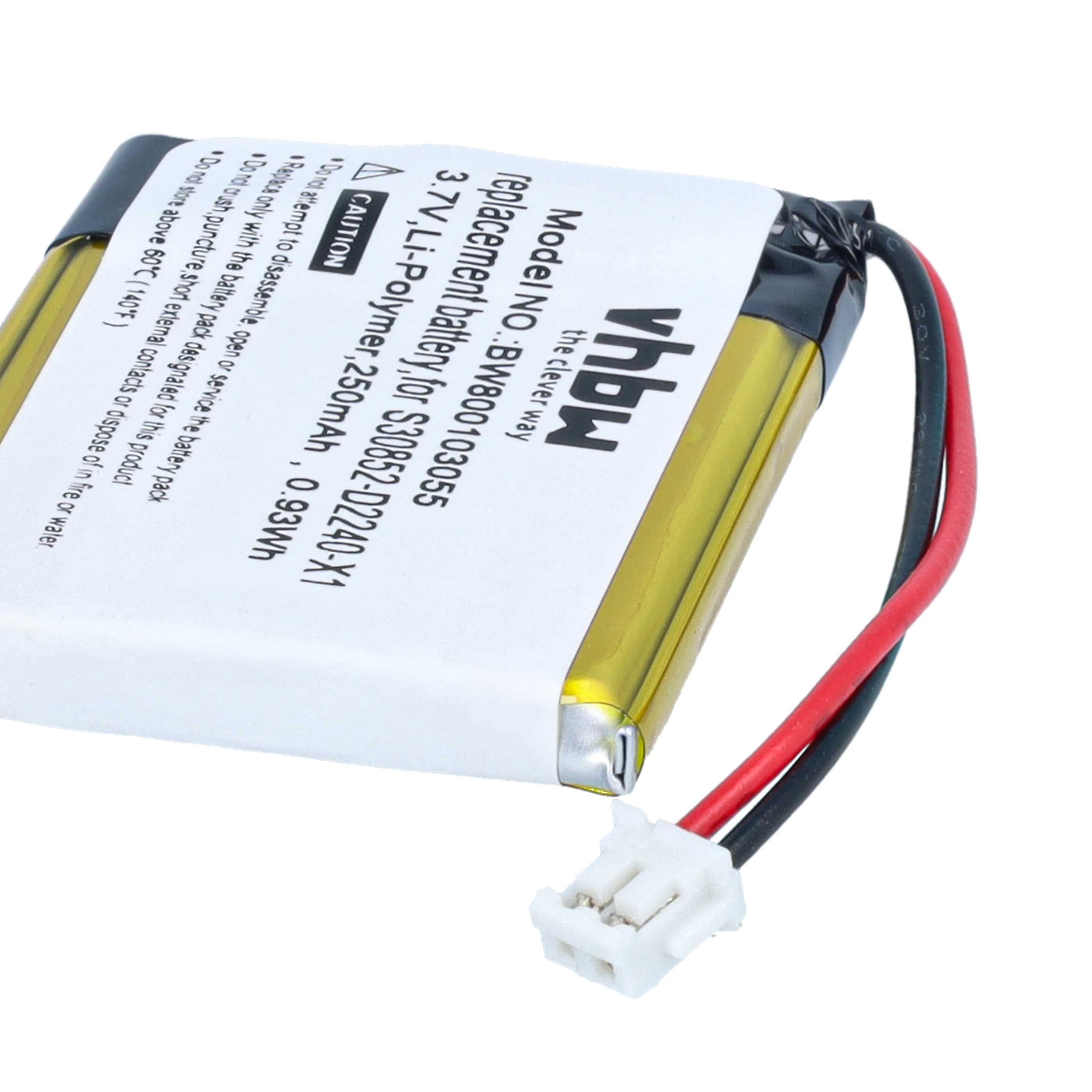 Ein kleiner, gold-weißer vhbw Lithium-Polymer-Akku mit einem rot-schwarzen Kabel und weißem Stecker.