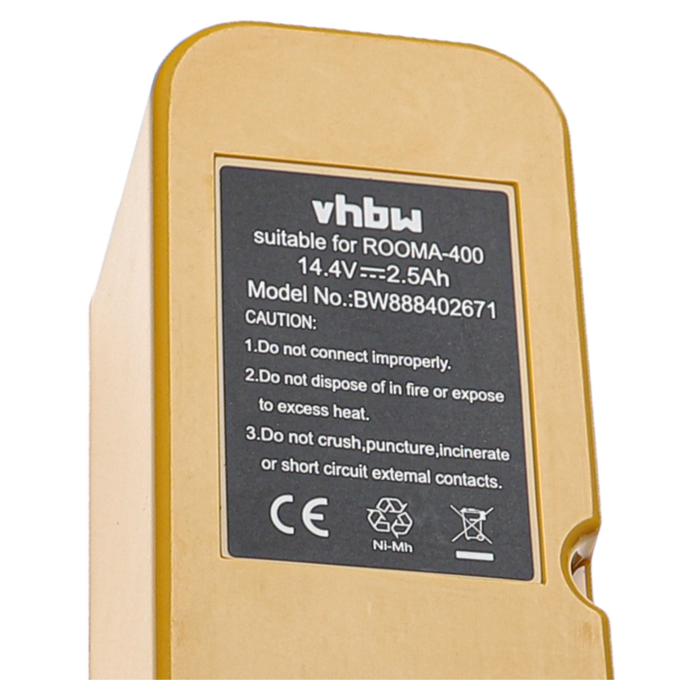 Gelber Vhbw-Akku mit technischen Daten und Sicherheitshinweisen auf schwarzem Etikett.