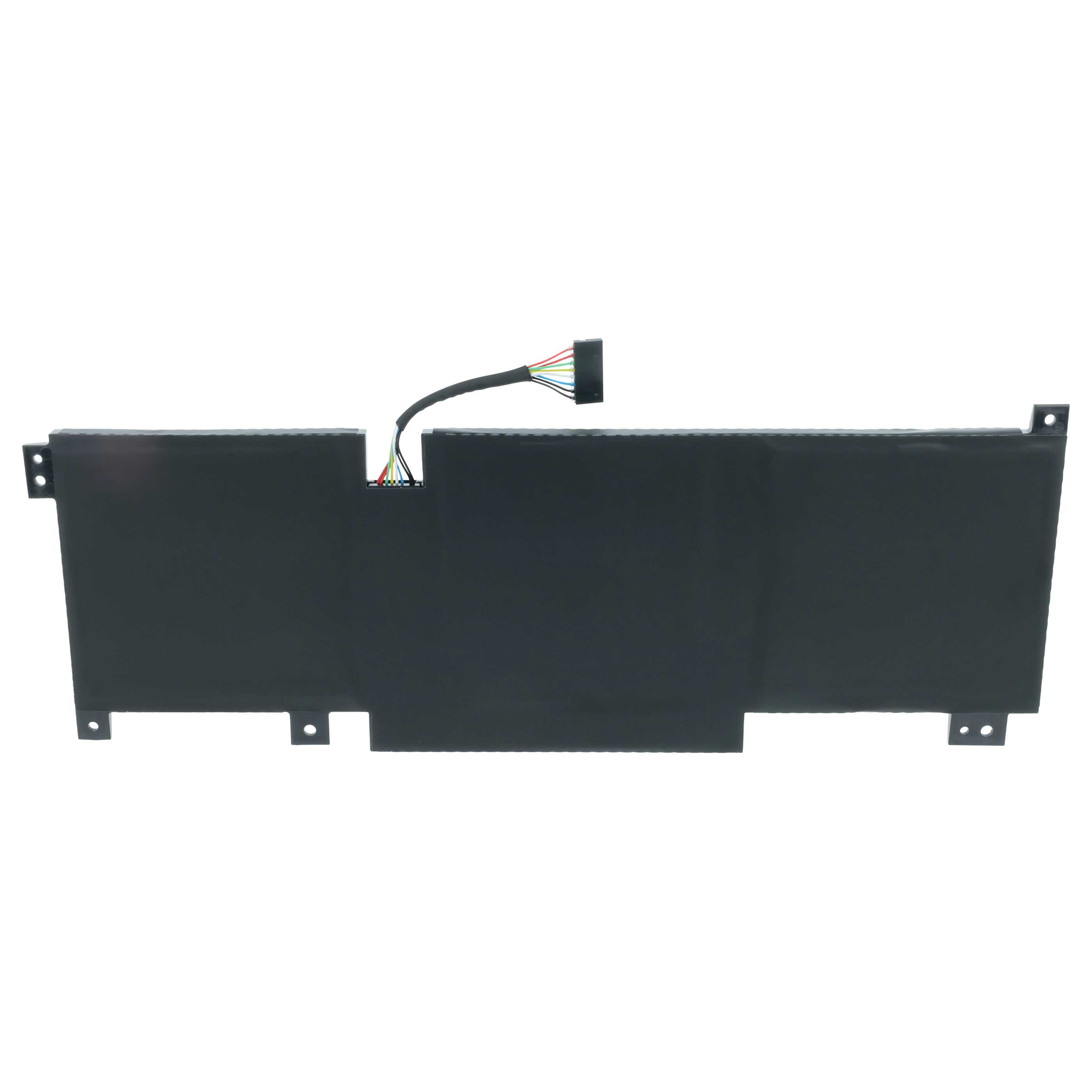 Eine schwarze Laptop-Batterie mit einem angeschlossenen bunten Kabel und einem Stecker auf weißem Hintergrund.