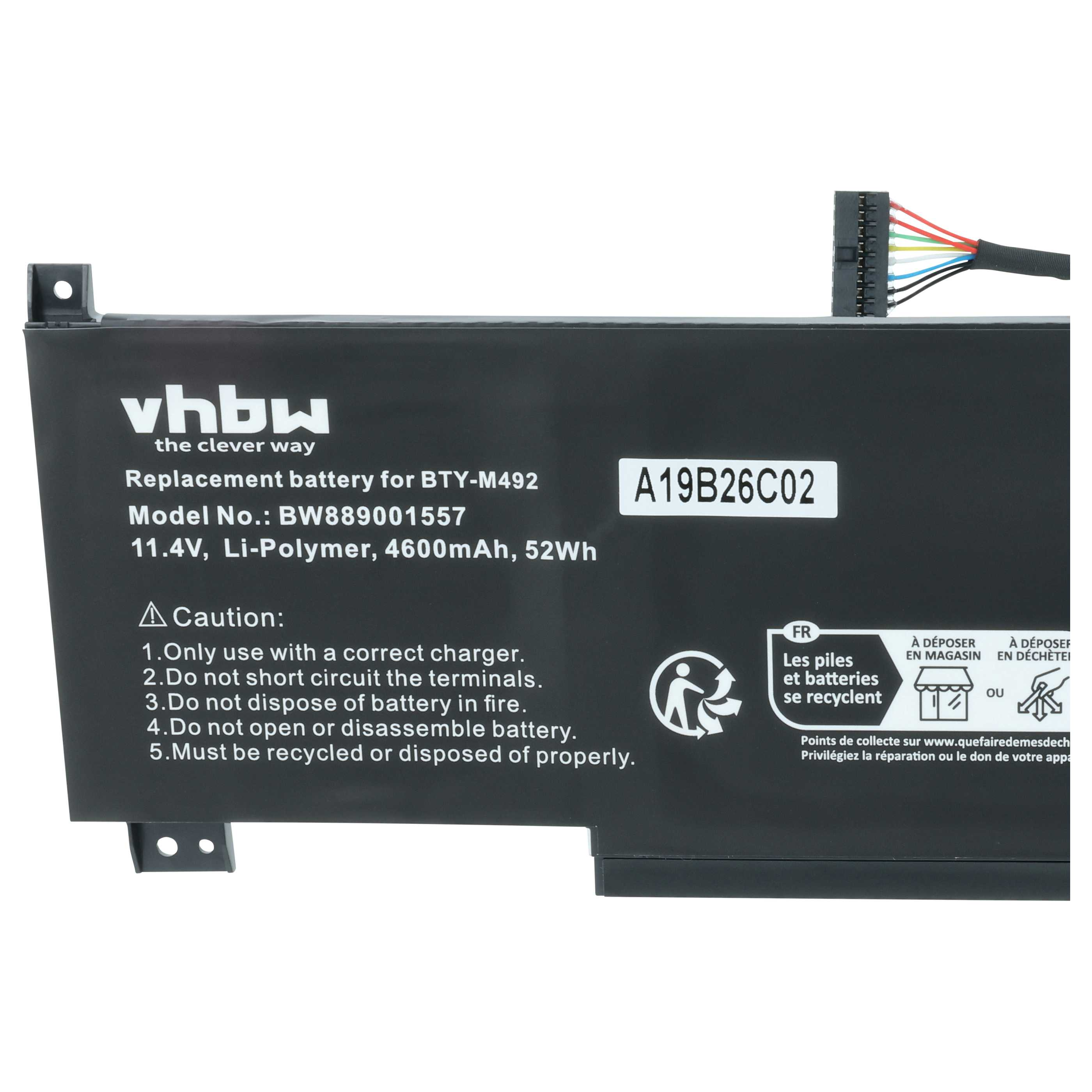 Schwarze Ersatzlaptopbatterie mit Text und Sicherheitshinweisen.