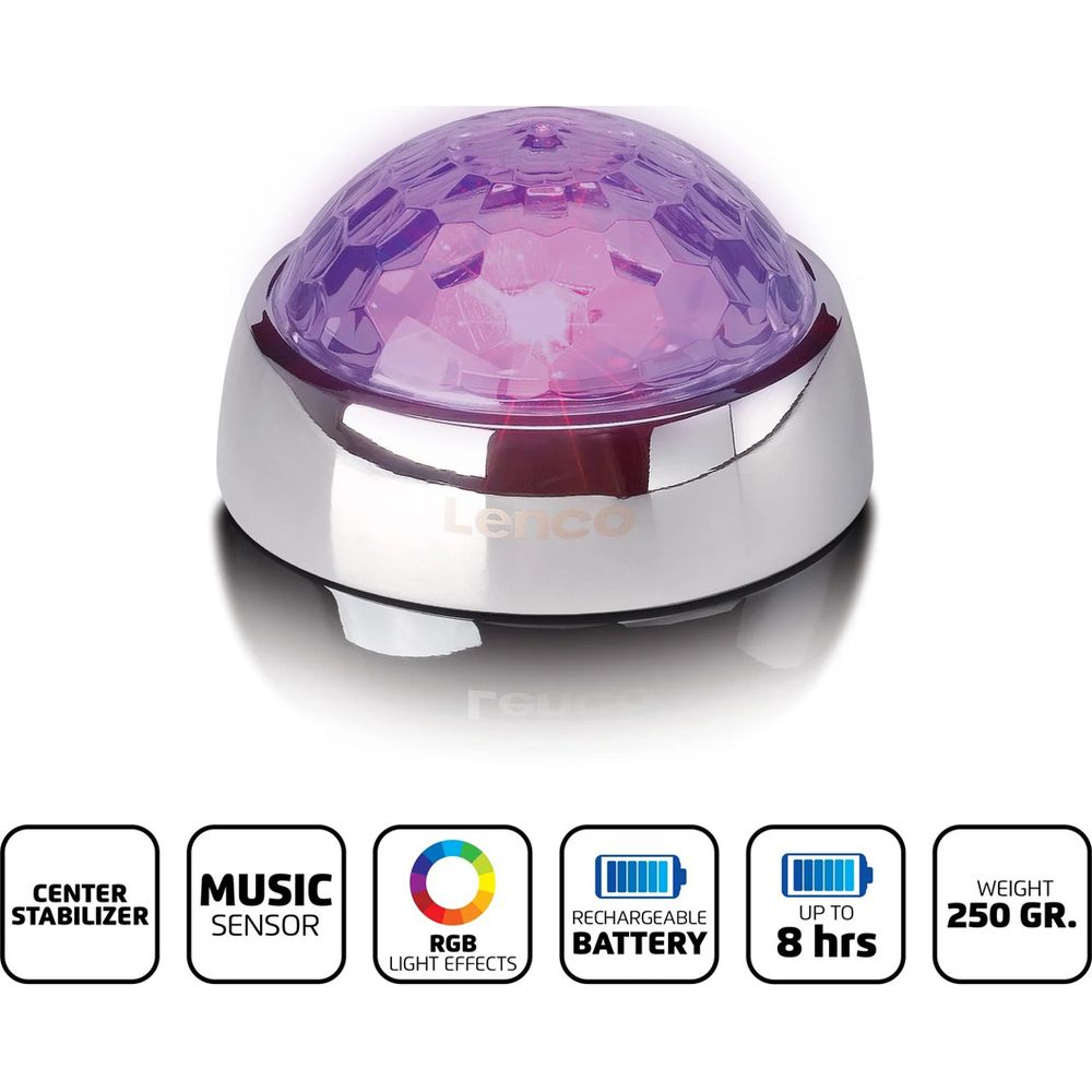 A round purple disco light with a silver base, accompanied by feature icons for music sensor and battery.