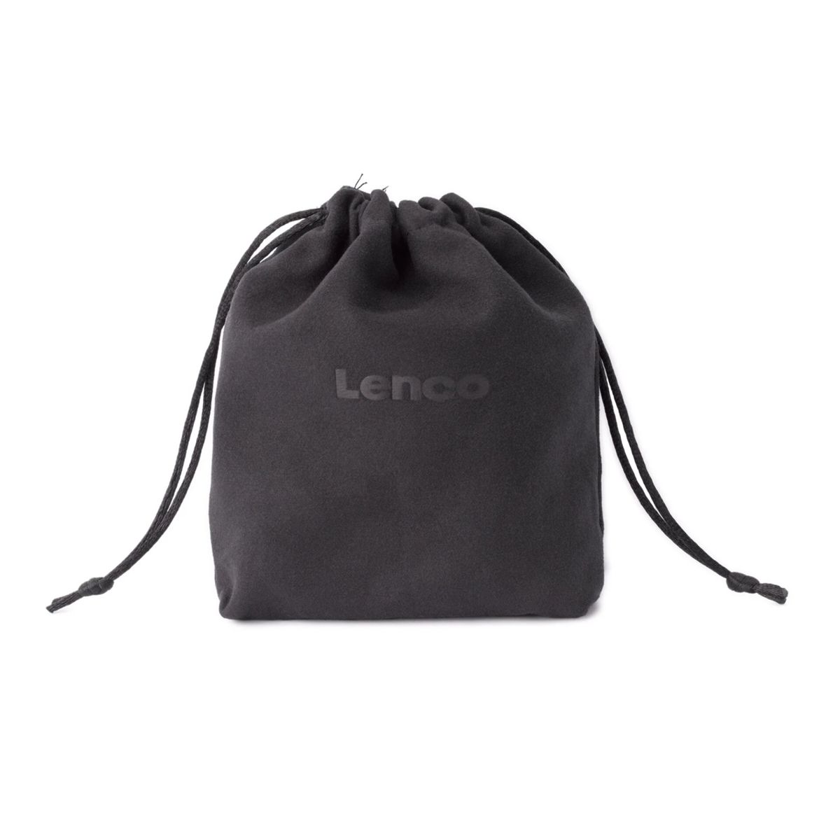 A black fabric drawstring pouch featuring the Lenco logo in the center against a white background.