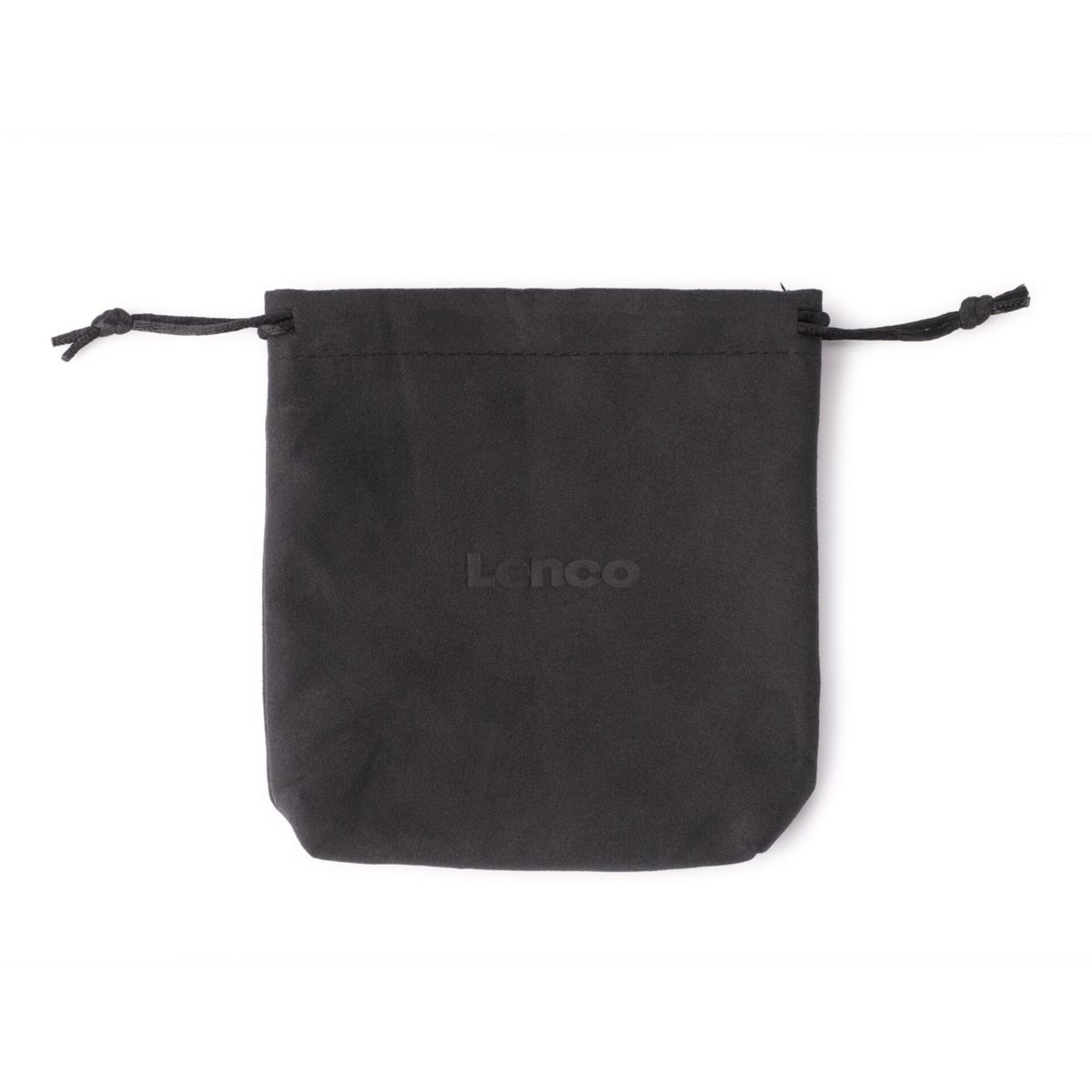 A small black drawstring pouch with the Lenco brand name embossed in the center against a white background.