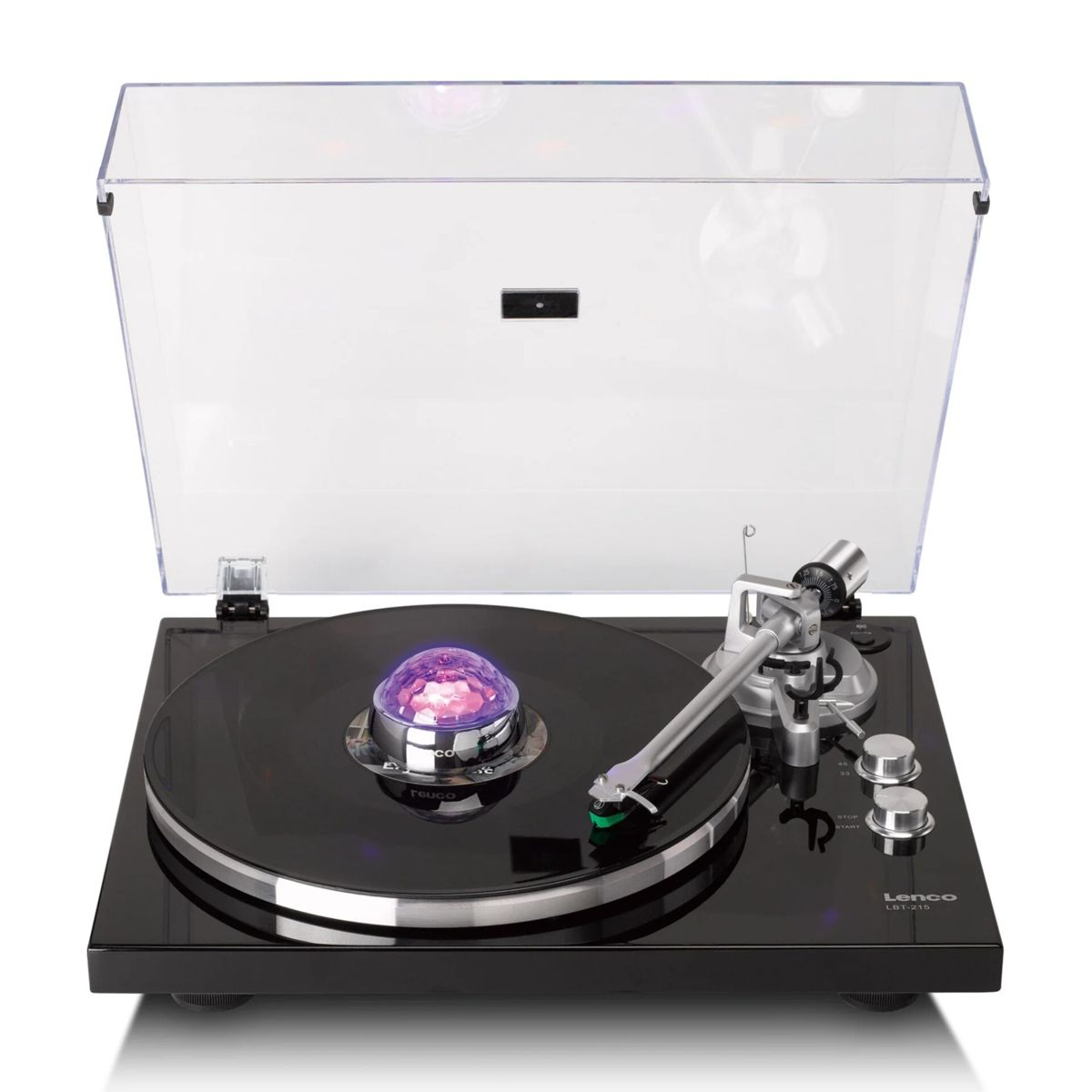 A black Lenco turntable with a shiny tonearm and an open transparent dust cover.