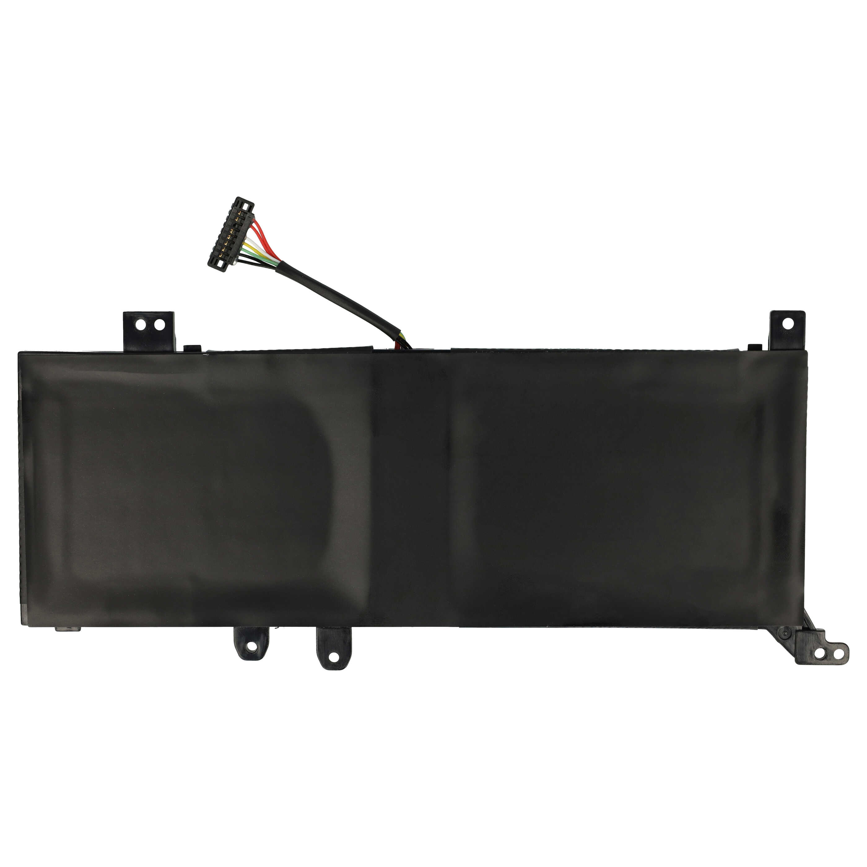 Ein schwarzer Laptop-Akku mit einem Kabel und Steckverbinder auf weißem Hintergrund.