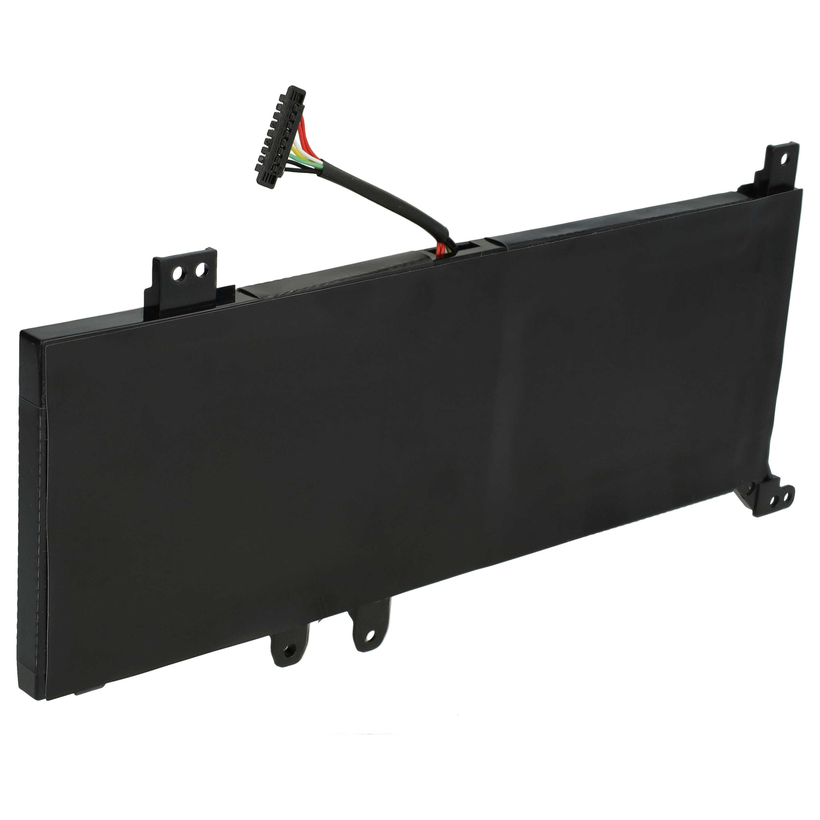 Schwarzer Laptop-Akku mit Befestigungslaschen und angeschlossenem bunten Kabel mit Stecker.