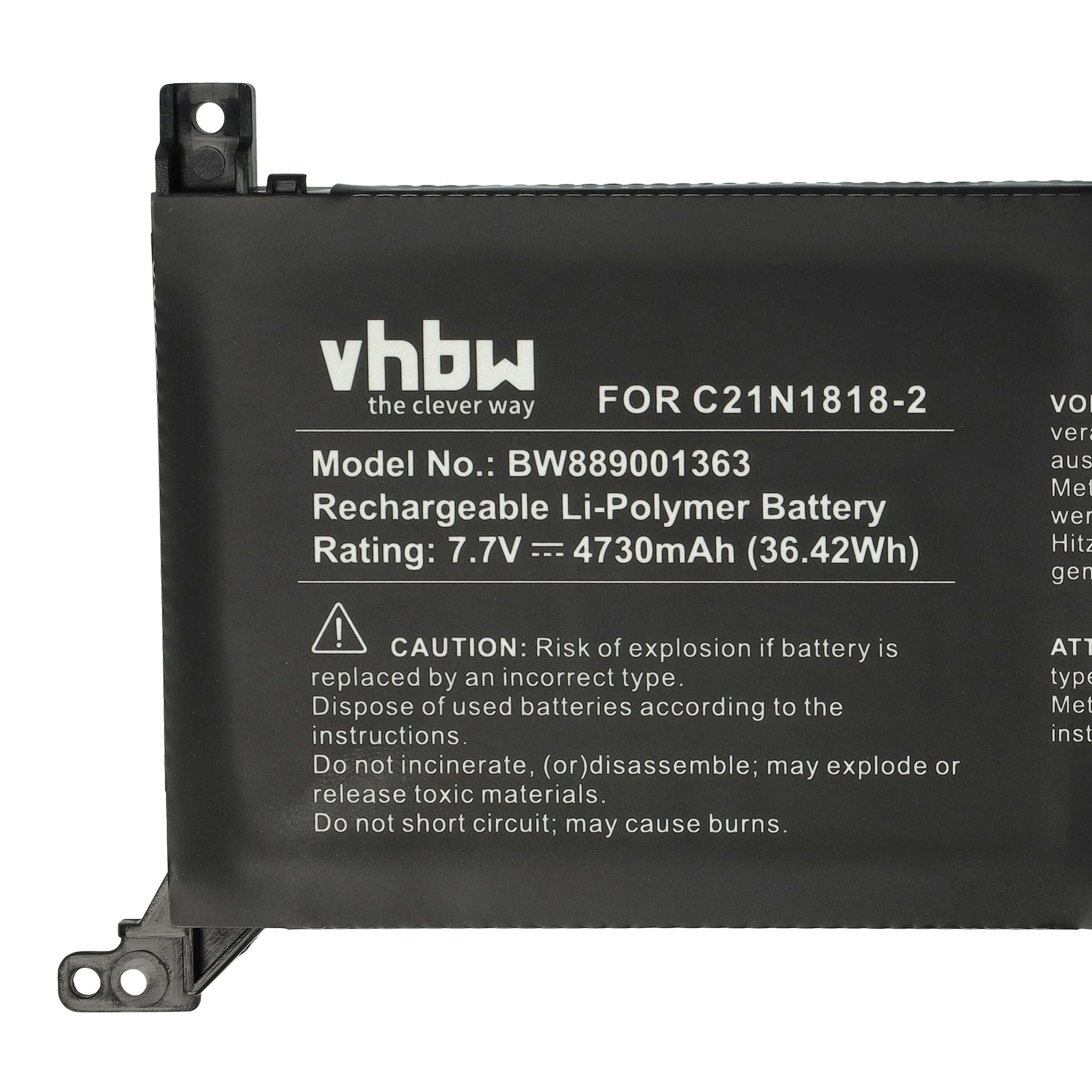 Eine schwarze vhbw Laptop-Akkuzelle mit technischen Daten und Sicherheitshinweisen auf der Aufschrift.
