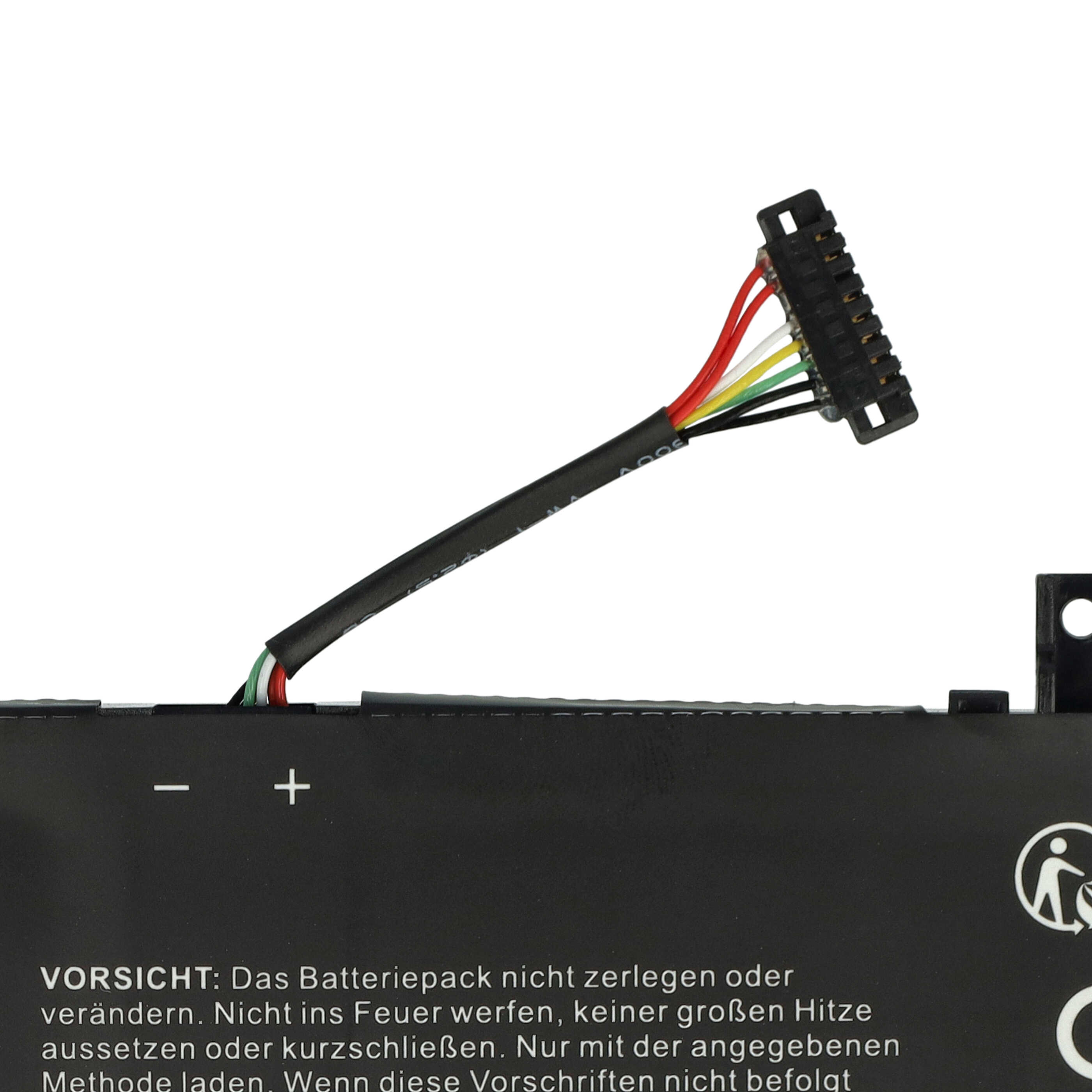 Ein schwarzer Akkupack mit einem mehrfarbigen Kabel an einem schwarzen Stecker auf weißem Hintergrund.