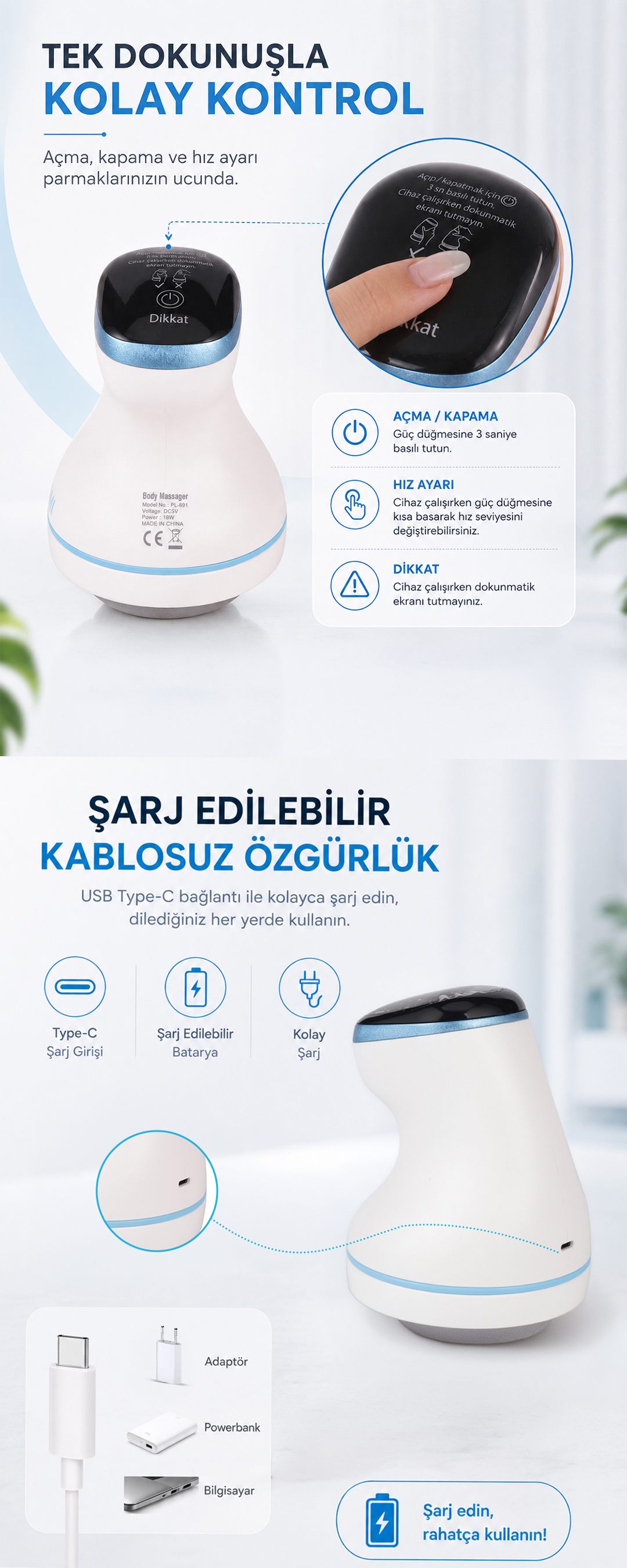 Dokunmatik ekranlı, kullanım talimatlı ve USB-C şarj portlu beyaz vücut masaj aleti.
