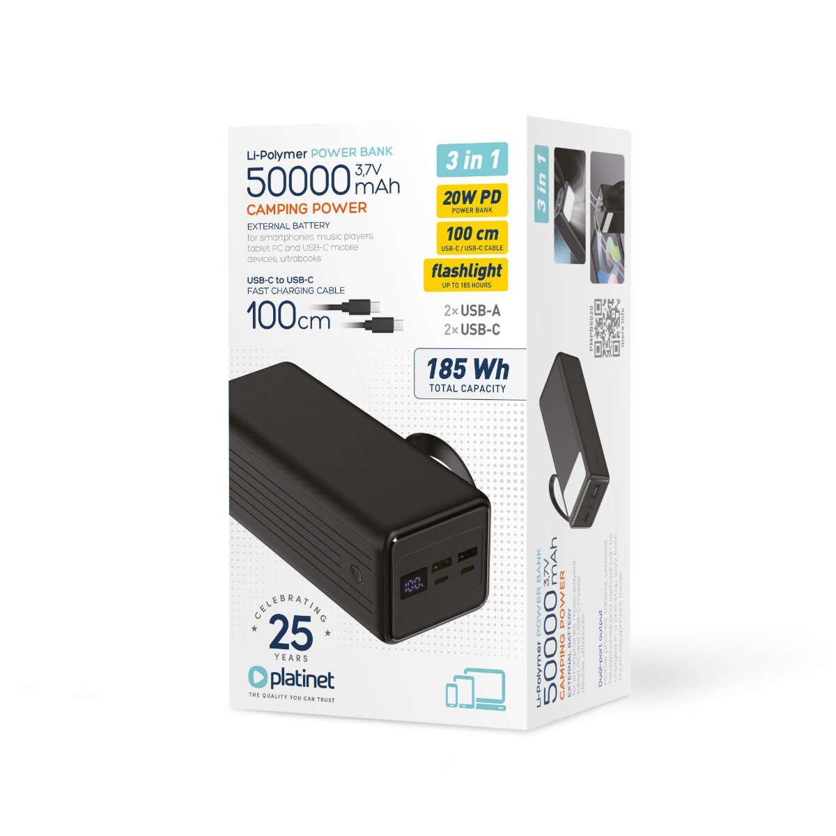 Verpackung der Platinet 50000mAh Powerbank mit technischen Details und Produktbild.